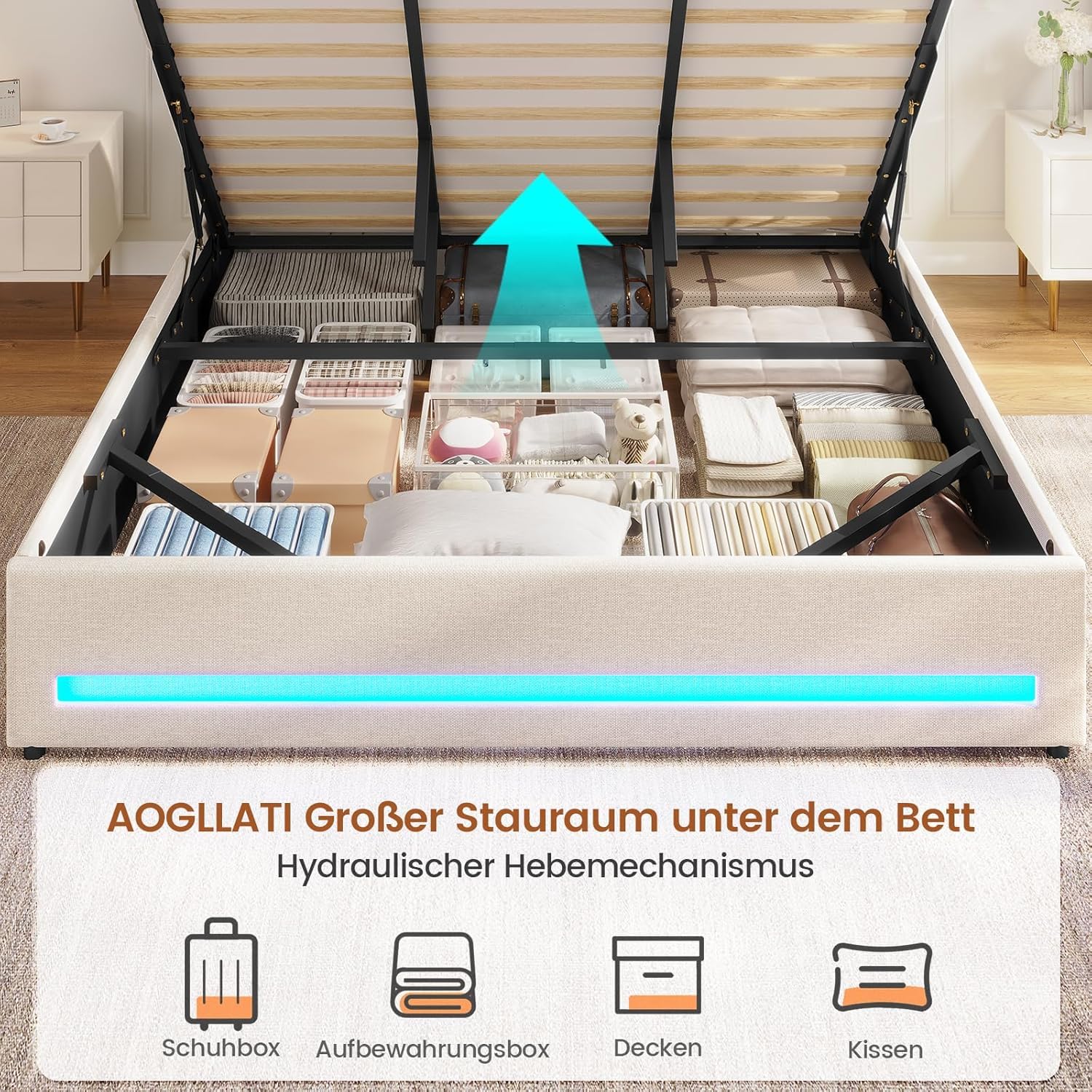 AOGLLATI Letto Matrimoniale Contenitore 180x200 cm, Struttura Letto con Illuminazione LED e Stazione di Ricarica, Letto Matrimoniale con Vano Contenitore Idraulico e Testiera Regolabile, Beige