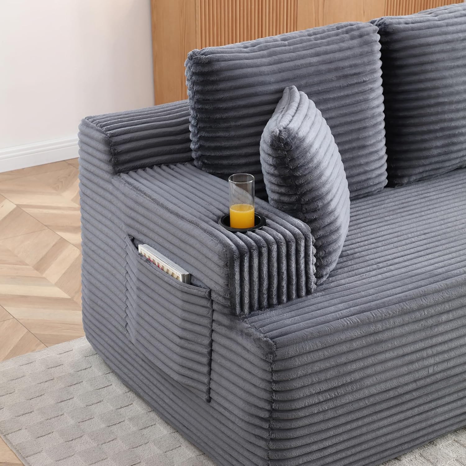 Eafurn Floor Loveseat Boneless Sofa Couch in a Box with Cup Holder and Side Pockets, 3 Seater Comfy Corduroy Upholstered Foam Couch with Deep Seating for Living Room,No Assembly | Breathable material, Cupholders