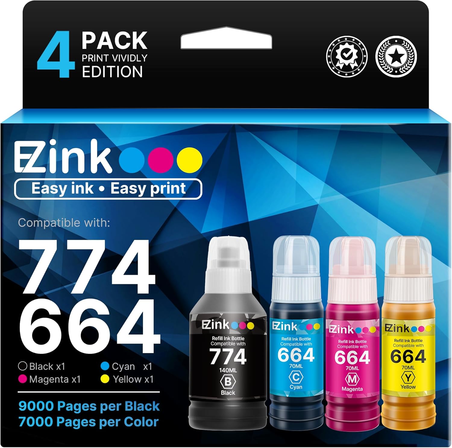E-Z Ink Remanufactured 774 664 Ink Refill Bottles Replacement for Epson 664 Ink Refill Bottles T774 for L100 ET-3600 ET-2650 ET-4550 ET-16500 ET-4500 ET-2550 ET-2600(Black Cyan Magenta Yellow,4 Pack)