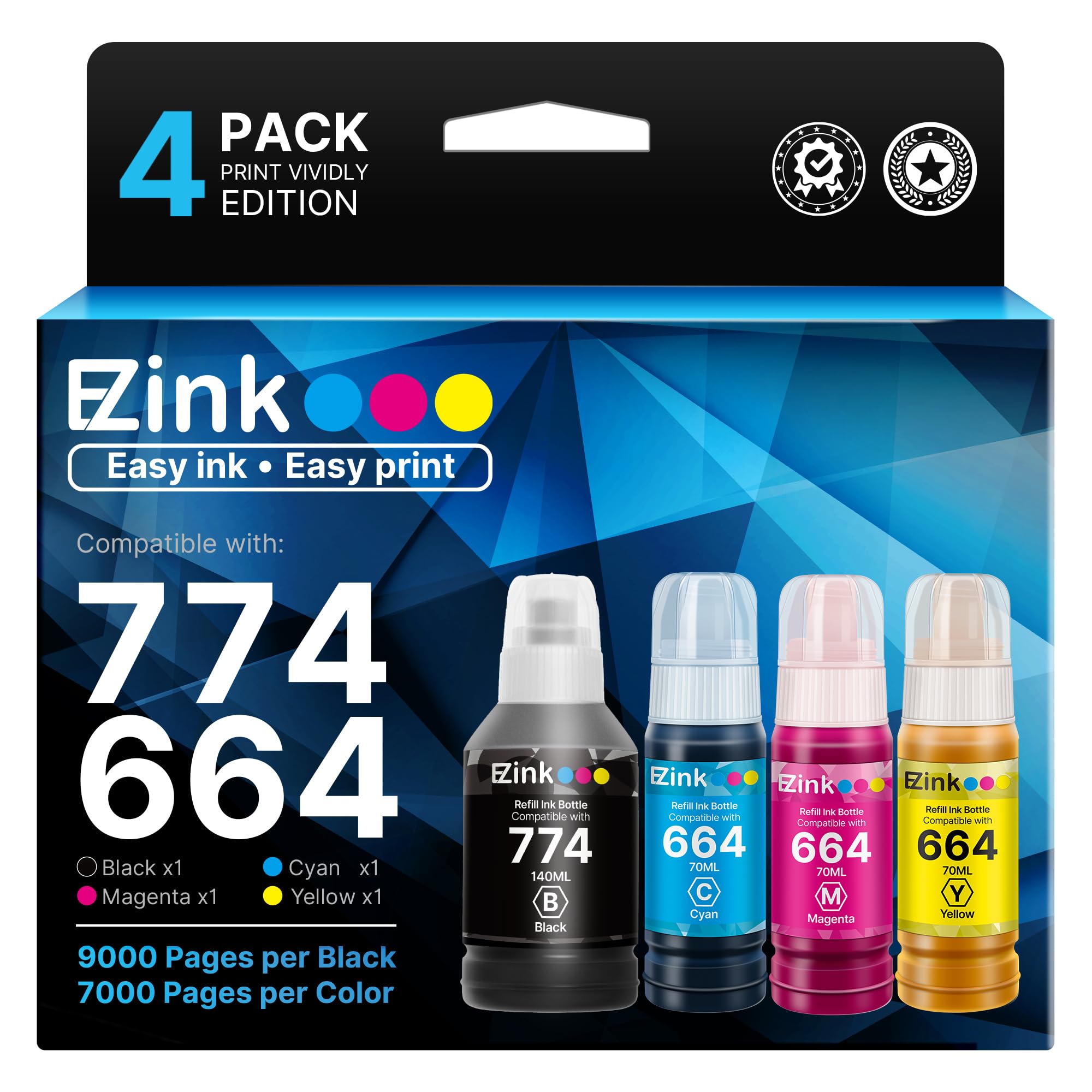 E-Z Ink Remanufactured 774 664 Ink Refill Bottles Replacement for Epson 664 Ink Refill Bottles T774 for L100 ET-3600 ET-2650 ET-4550 ET-16500 ET-4500 ET-2550 ET-2600(Black Cyan Magenta Yellow,4 Pack)