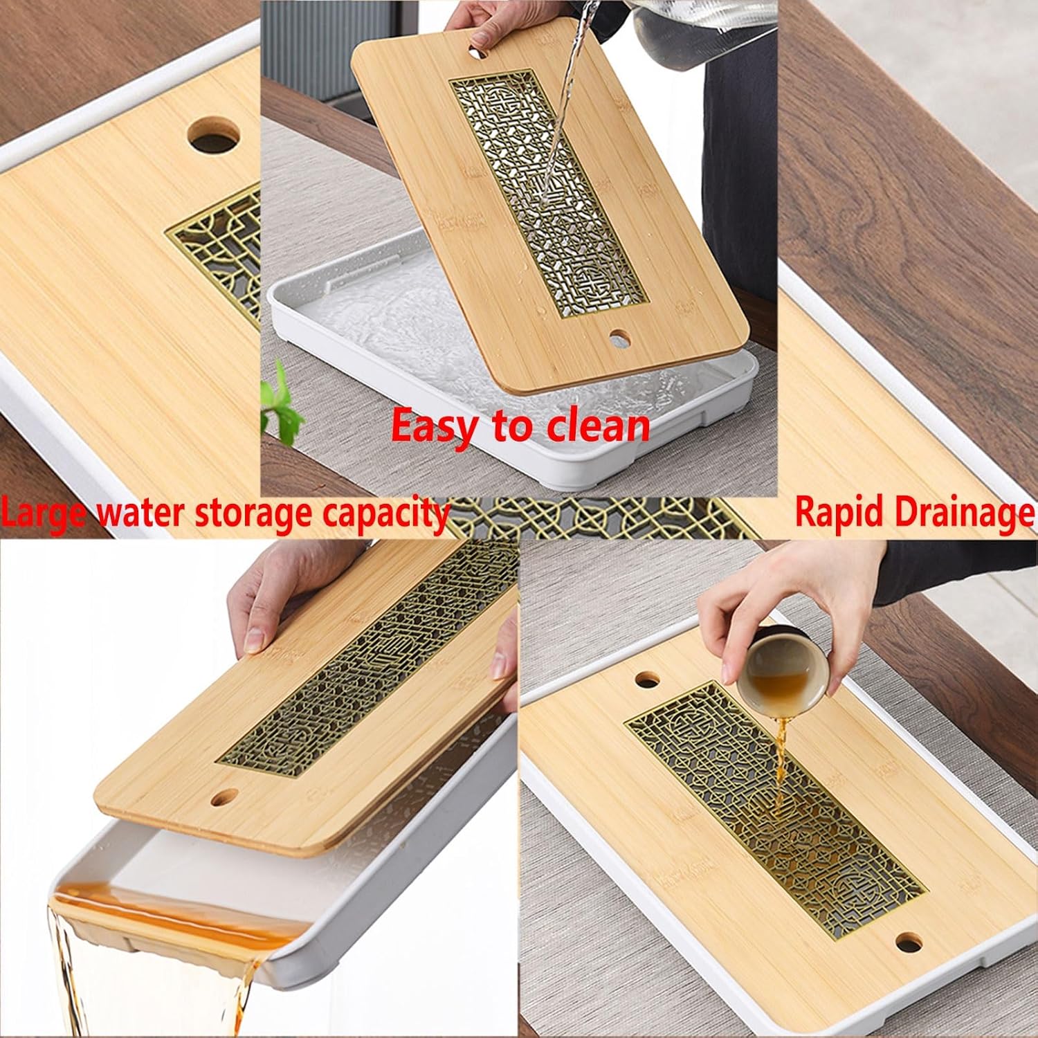 Double Chinese Tray, Water Filter Box for Tea, Bamboo Small Tea Table, Suitable for Living Rooms, Offices and Reception Rooms (Color : E1, Size : 14.56 * 11.02 * 1.096inch)
