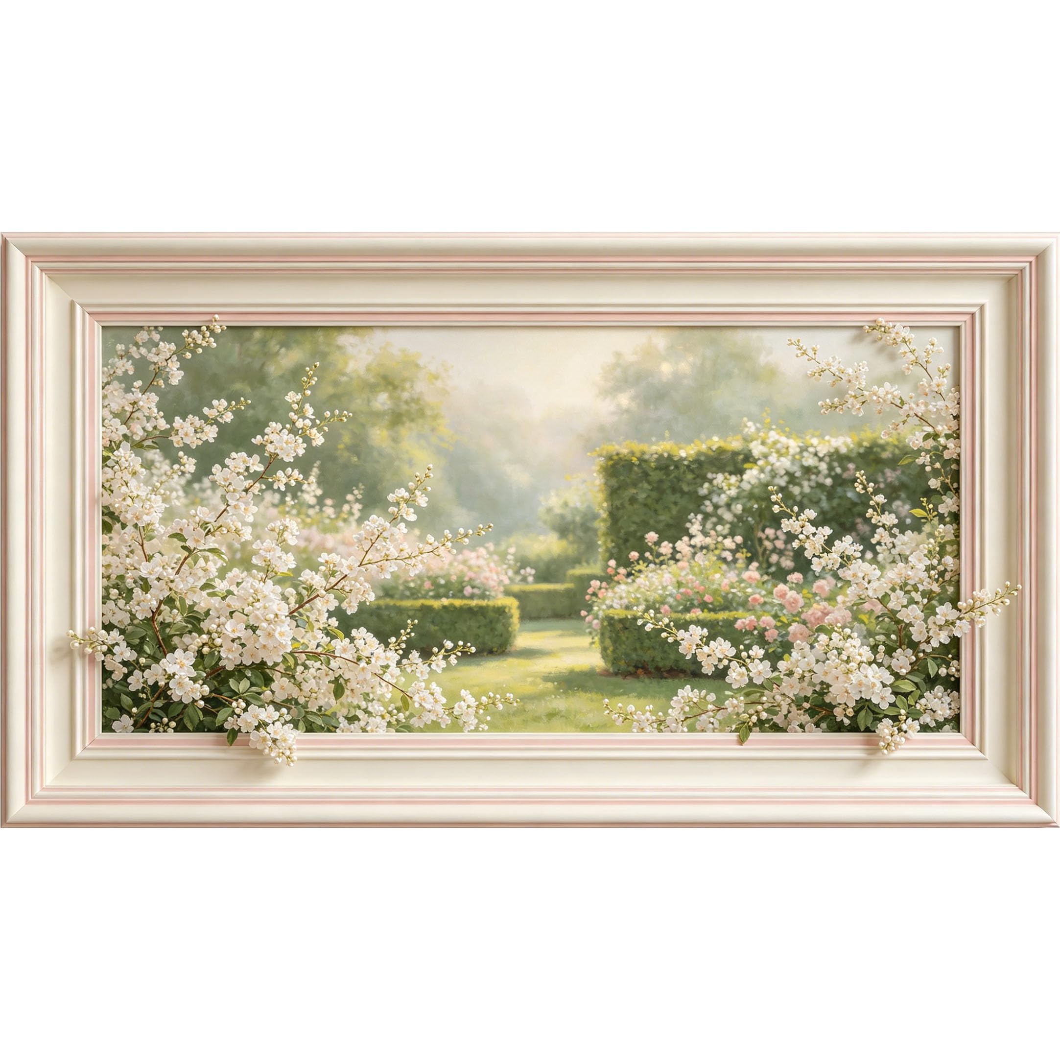 QZLITHOTIC 50×90cm3D Framed Wall Art， White Cherry Blossom Botanical Garden Landscape SelfAdhesive Mural， WaterActivated Peel & Stick Fabric Decor Wall Decal for Bedroom Living Room