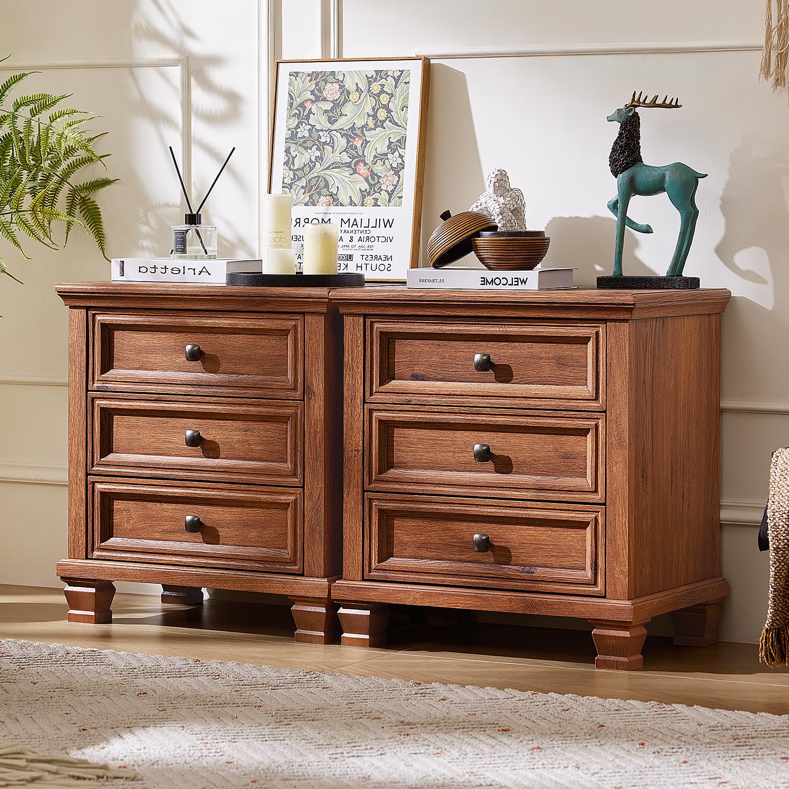SAVOR LIFE 3-Drawer Nightstand Set of 2 with Solid Wood Legs
