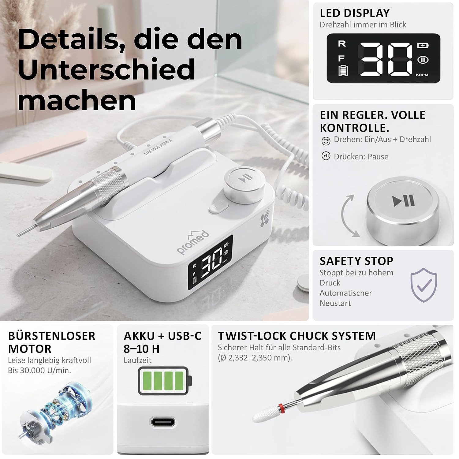 Promed The File 3030-X Cordless Nail Cutter 30,000 RPM - Professional Manicure Pedicure Set, Wireless Electric Nail File, Foot Care Set Electric, Cutter Nails - with Brushless Motor, USB-C, LCD image 5