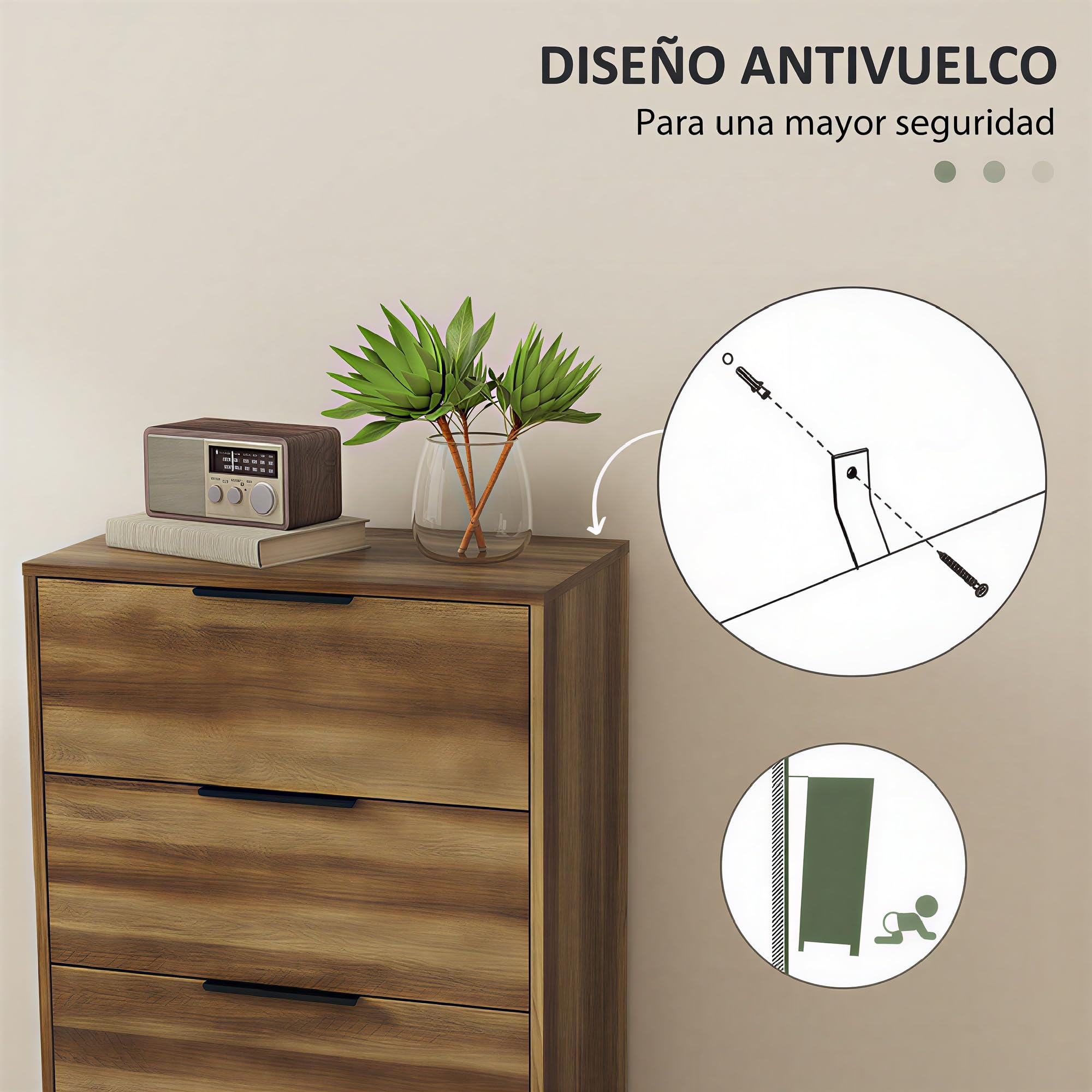 HOMCOM Cómoda de 4 Cajones Alta con Tiradores Metálicos Cómoda para Dormitorio Cajonera Estrecha para Pasillo y Salón 62x35x105 cm Natural