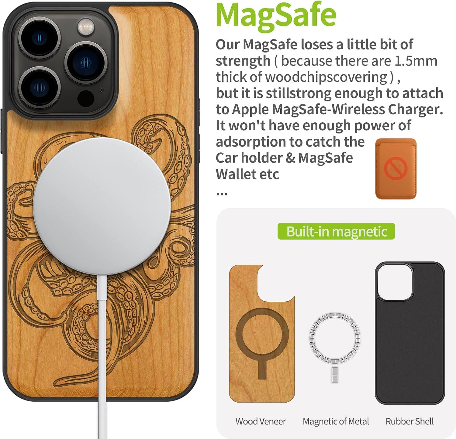 Carveit Magnetic Wood Case for iPhone 13 Pro Case [Natural Wood & Black Soft TPU] Unique & Classy Wooden Shockproof Protective Cover Compatible with MagSafe (Octopus Drawing -Cherry)
