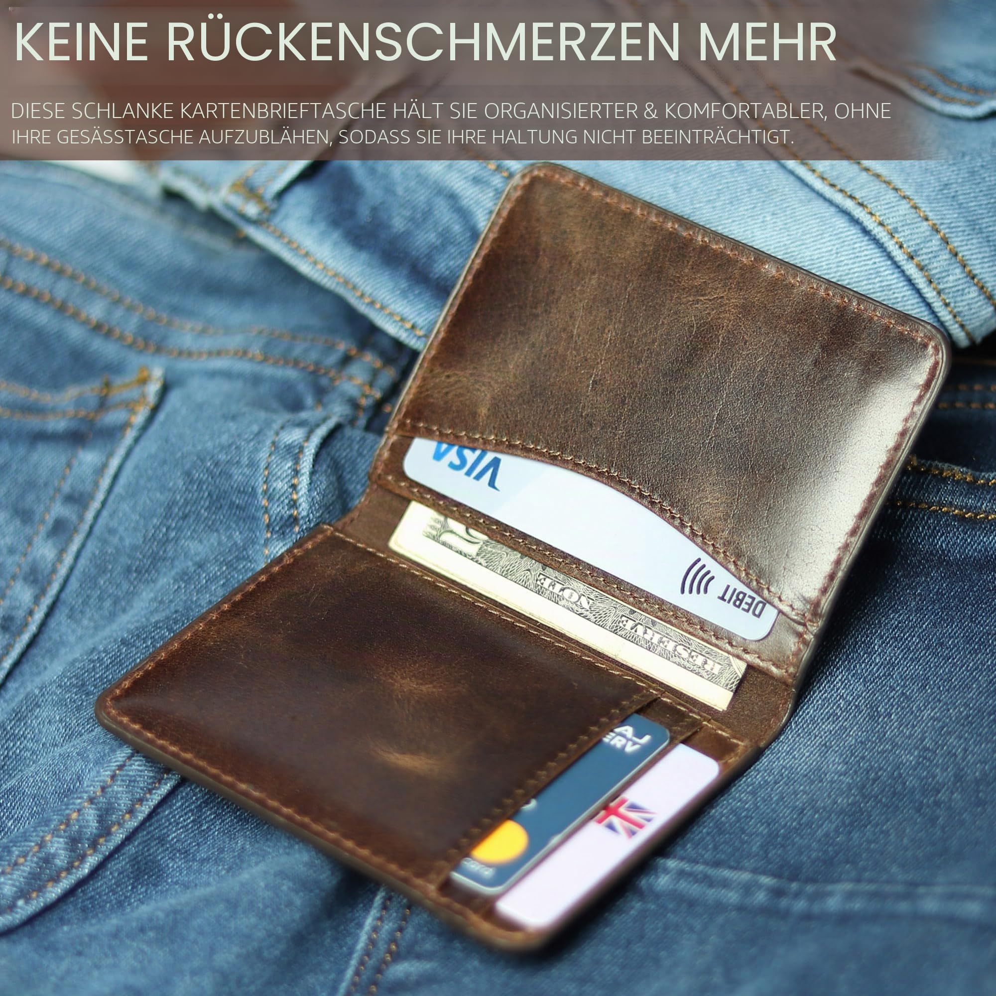 FOXHACKLE Leder-Kreditkartenetui für Damen und Herren, dünne Bifold-Geldbörse mit RFID-Blockierung, schmale Vordertasche, minimalistische Geldbörse, kleines Kartenetui