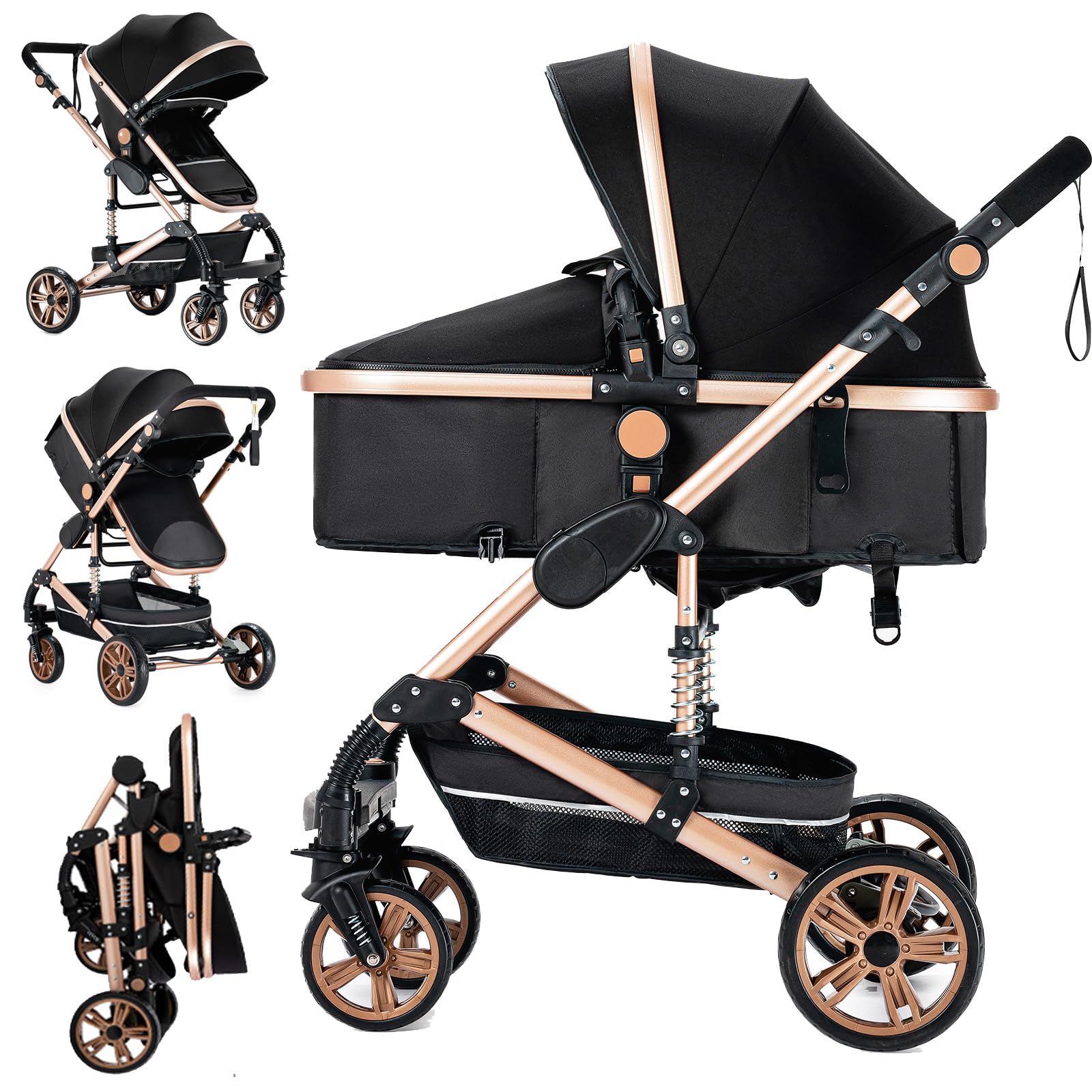 in Baby Bassinet Stroller, Convertible Foldable Standard Stroller,  Reversible Pushchair Infant Buggy Carriage, Portable High Landscape Pram