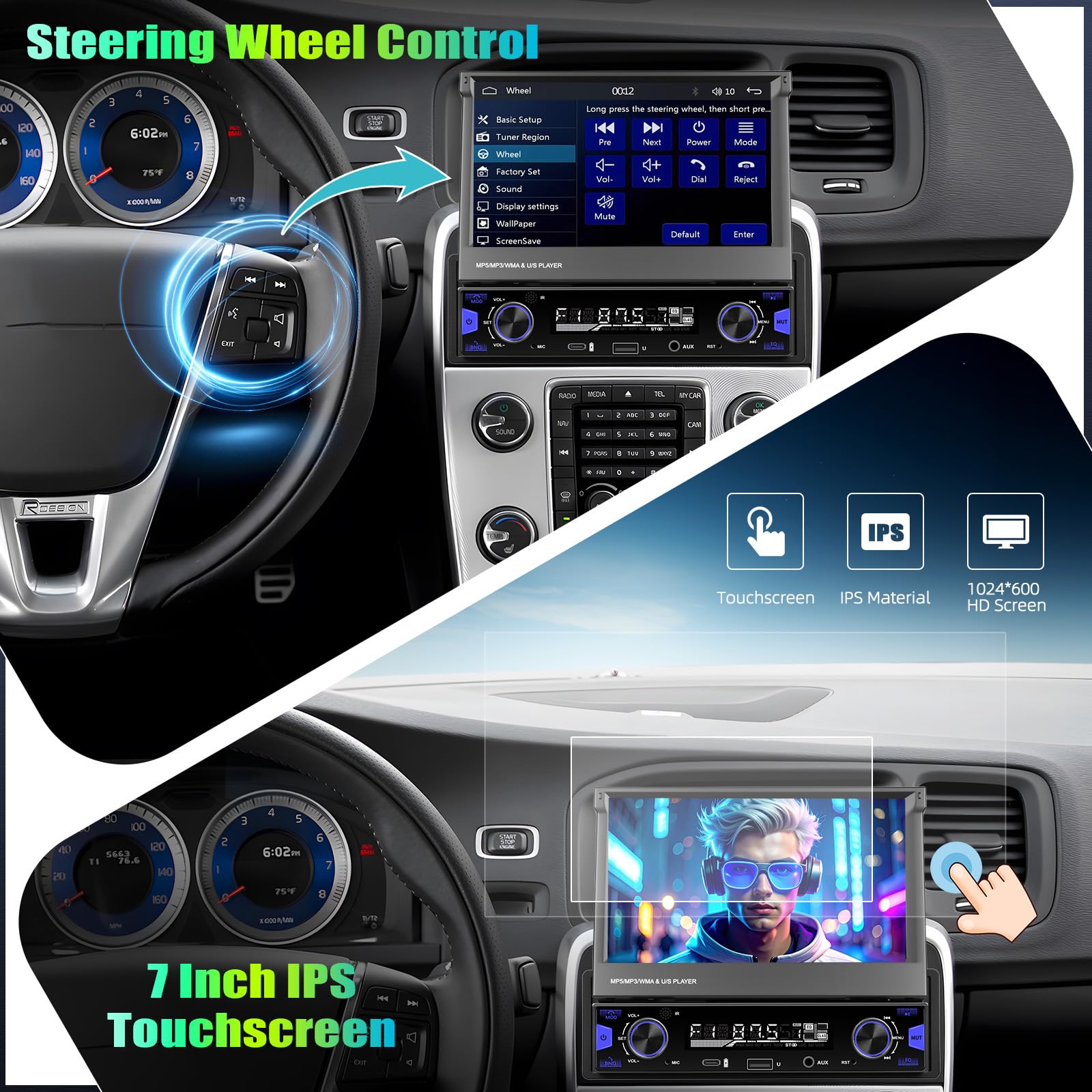 CAMECHO Radio de Coche 1 Din con Pantalla Táctil HD Inalámbrica Carplay, 7 Pulgadas Pantalla Retráctil Manual de Radio Bluetooth con Android Auto FM/AM/RDS Manos Libres Mirror Link Control del Volante