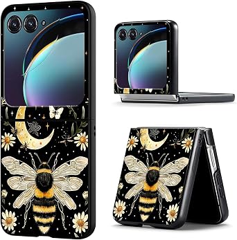 for Motorola Razr 2025 Case,Cute Slim Thin Hard PC Anti-Scratch Shockproof Support Wireless Charging Protective Cover Case for Moto Razr 60,Bee Flower Moon