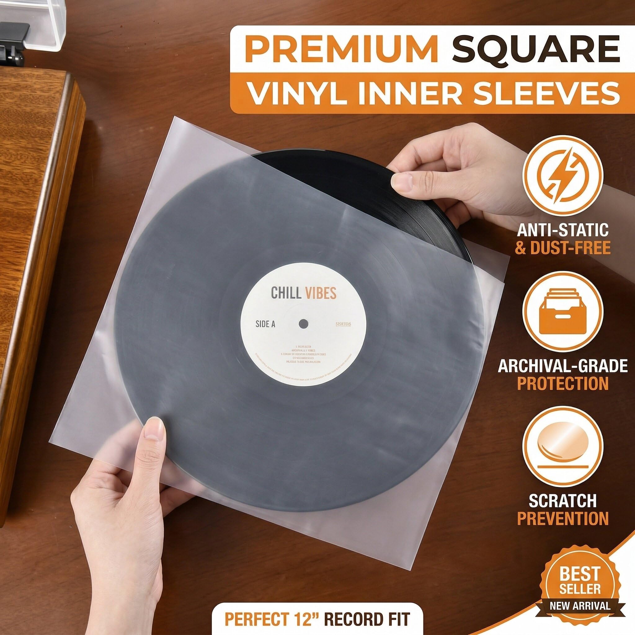 100 Pezzi Piazza Buste Vinili 33 Giri, Protezione Antistatica per Dischi Vinile, Vinyl Sleeves Trasparenti, Custodie Plastiche per Vinili da 12 Pollici