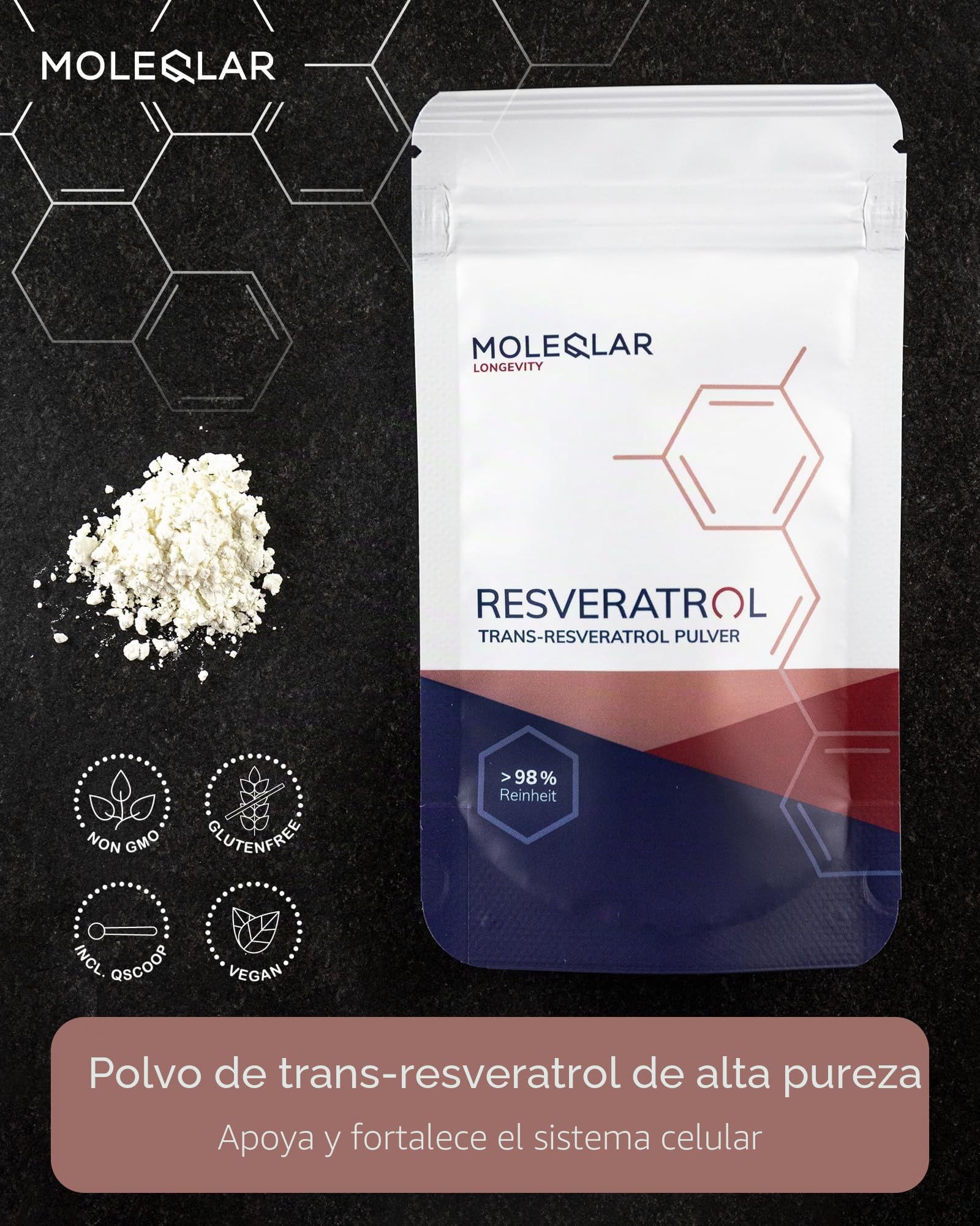 MoleQlar Resveratrol en polvo 100 g - Suplemento dietético de fermentación de levadura con 500 mg por porción - Formato fino para mezclar, apto para llenado de cápsulas y consumo diario de rutina