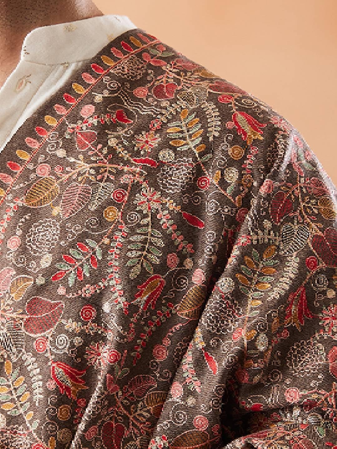 Pashmoda Sozni Męski Szalik 100% Czysta Wełna Haftowana Stuła i Owijana Tkanina Baza Dziedzictwo Pashmina Kaszmirowy Szalik Wrap Cloth (rozmiar: 40 x 80 cali, Brązowy)