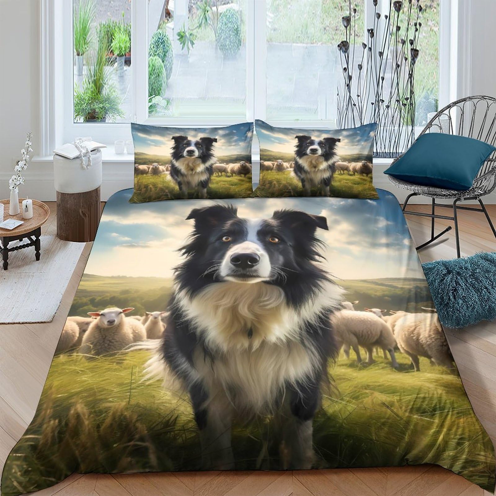 Ctjqhvkz Style-10 3D Printed Border Collie Sheep Fitted Sheet Microfiber Breathable Farm Landscape Bed Cover For Bedroom Guest Room Decor Single（135X200cm）