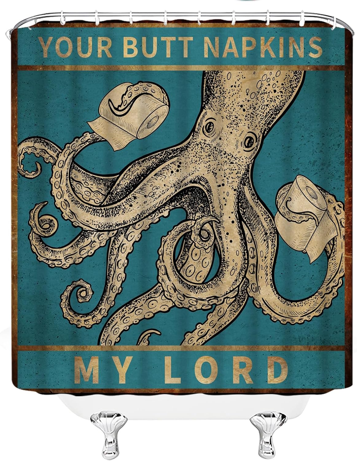 Octopus Nautical Extra Long Shower Curtain for Bathroom Decor,Retro Sea Kraken Tentacles Vintage Blue Funny Cool Ocean Animal Turquoise Beige Fabric Curtain with Hooks,70x84 Inch
