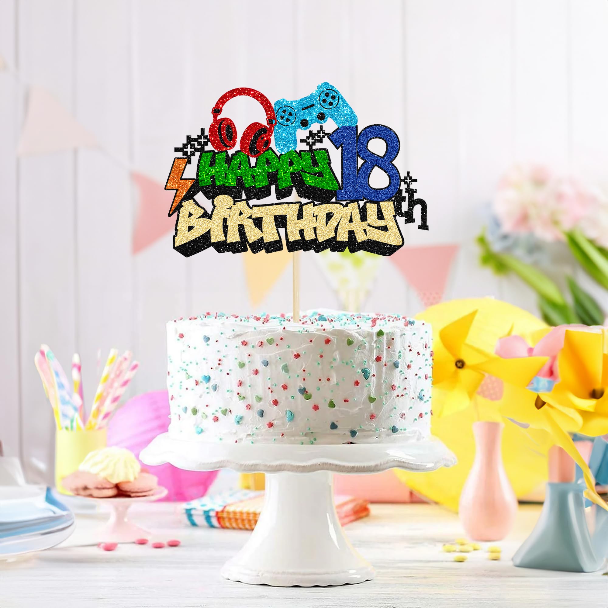 Gyufise 1Pcs Happy 18th Birthday Cake Topper Glitter Video Game Cake Pick Game On Controllers Eighteen Cheers to 18 Years Cake Decoration for Game Theme Happy 18th Birthday Party Supplies 4