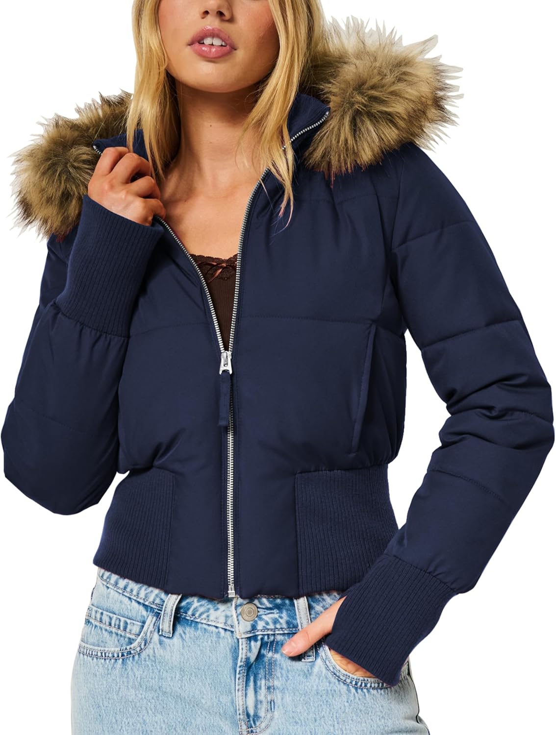 Womens Cropped Puffer Jacket Lightweight Winter Coats Quilted Jackets Faux Fur Trim Puffer Bomber Jacket