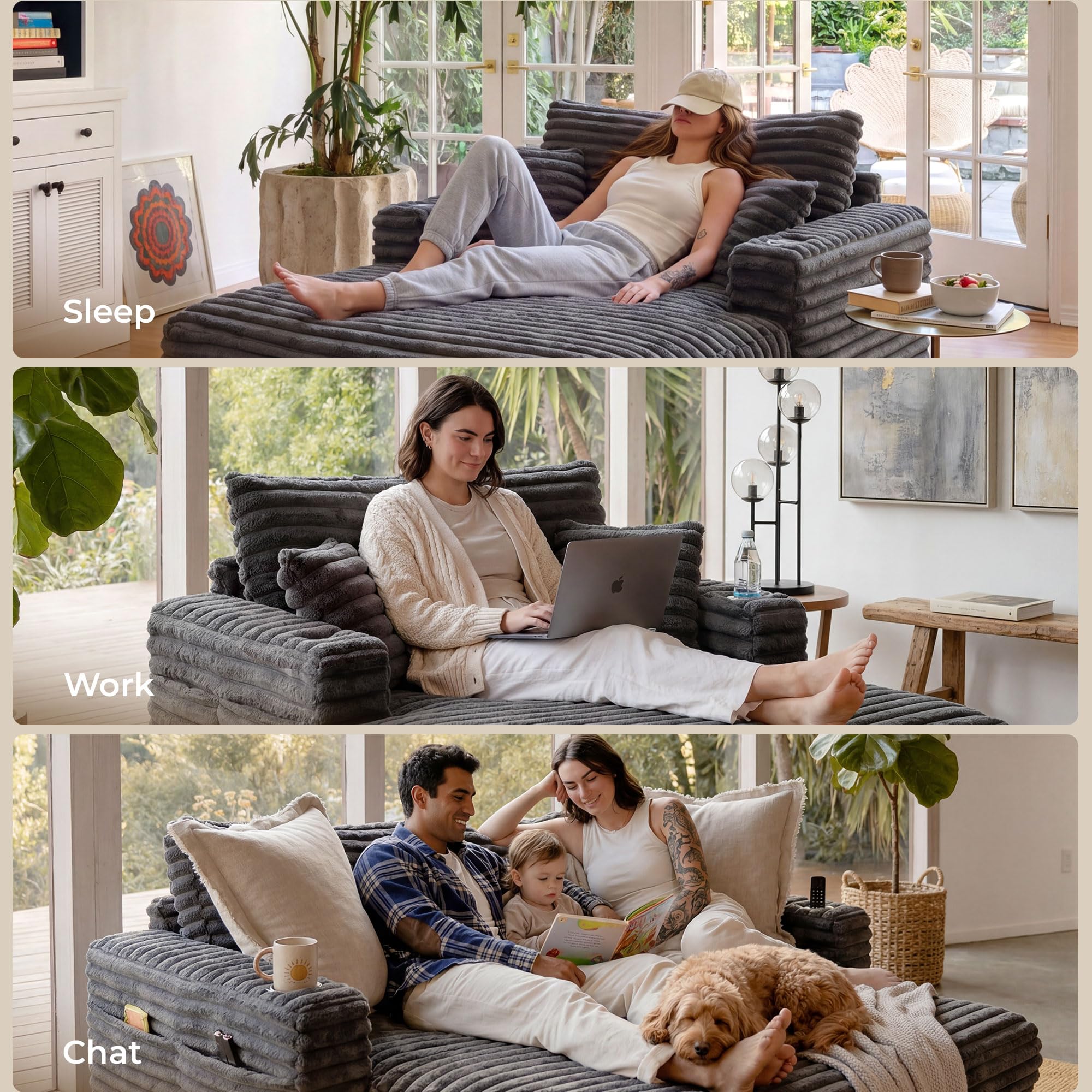 163cm Chaiselongue Sofa mit Massivholzrahmen, Big Loungesofa mit Liegefunktion für Wohnzimmer & Lese-Ecke, Einzelsessel aus Plüsch-Cord mit 2 Getränkehaltern & 4 Seitentaschen, 2 Sets Sofa-Füße, Grau