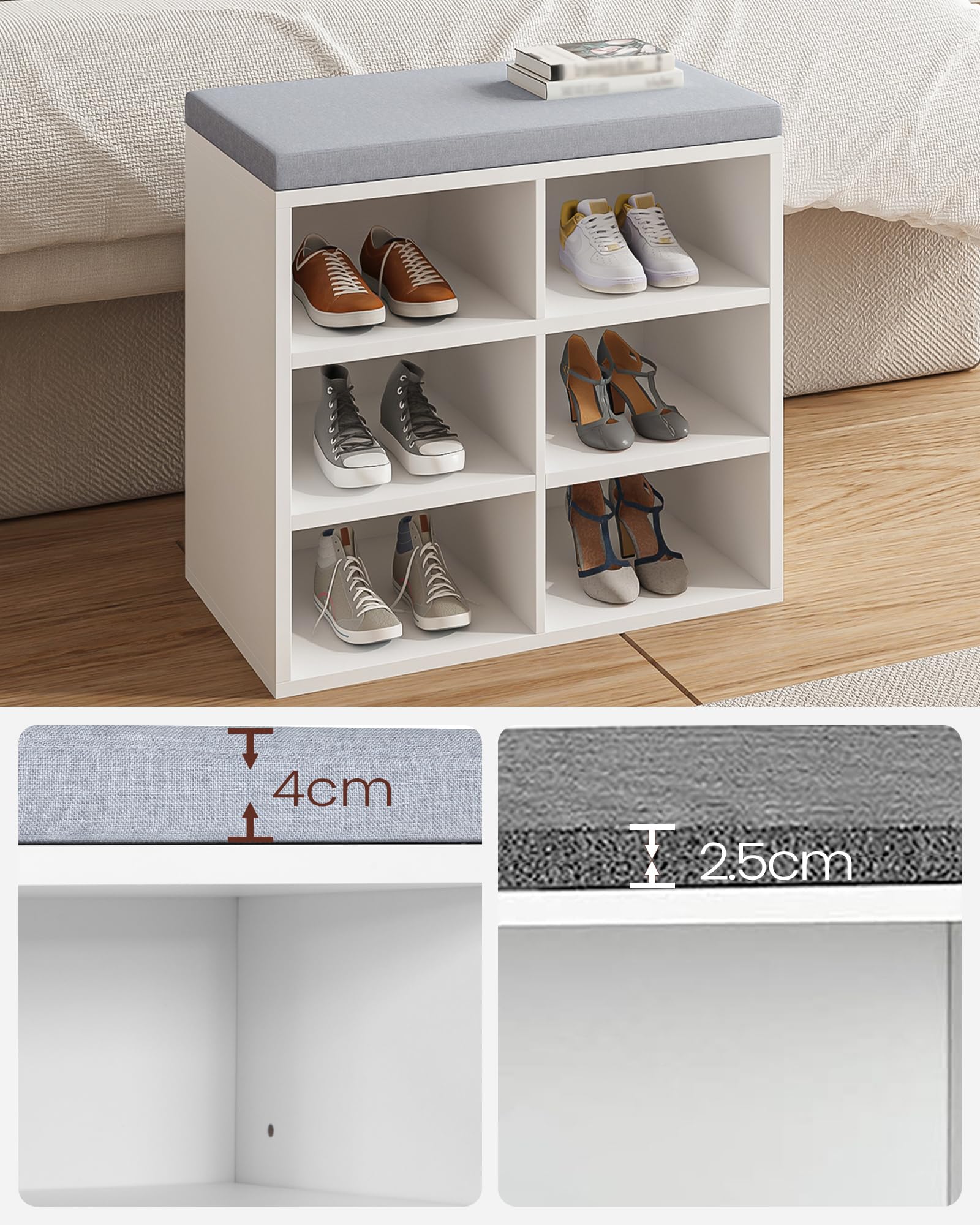Hzuaneri Schuhbank mit Sitzfläche, weiß-grau, 6 Fächer, 30x60x52,7cm | Schuhregal, Sitzbank mit Stauraum, Kissen, verstellbare Ablagen, für Wohnzimmer, Flur, Schlafzimmer, SB09903X