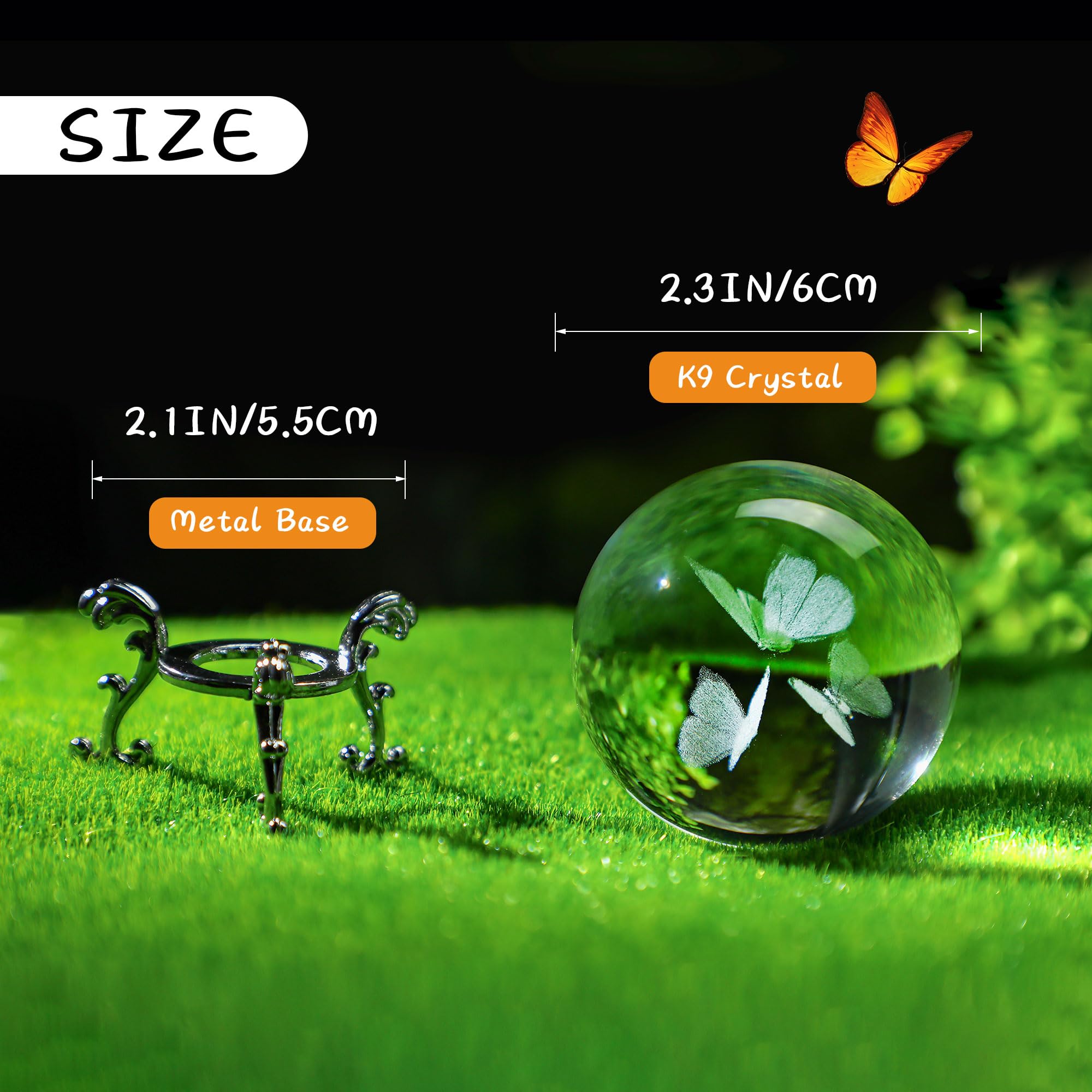 HDCRYSTALGIFTS 3D Laser Engraved Butterfly Crystal Ball Paperweight 2.36in(60mm) Glass Decorative Ball for Room Table Ornament Butterfly Figurines for Mom Women Friends