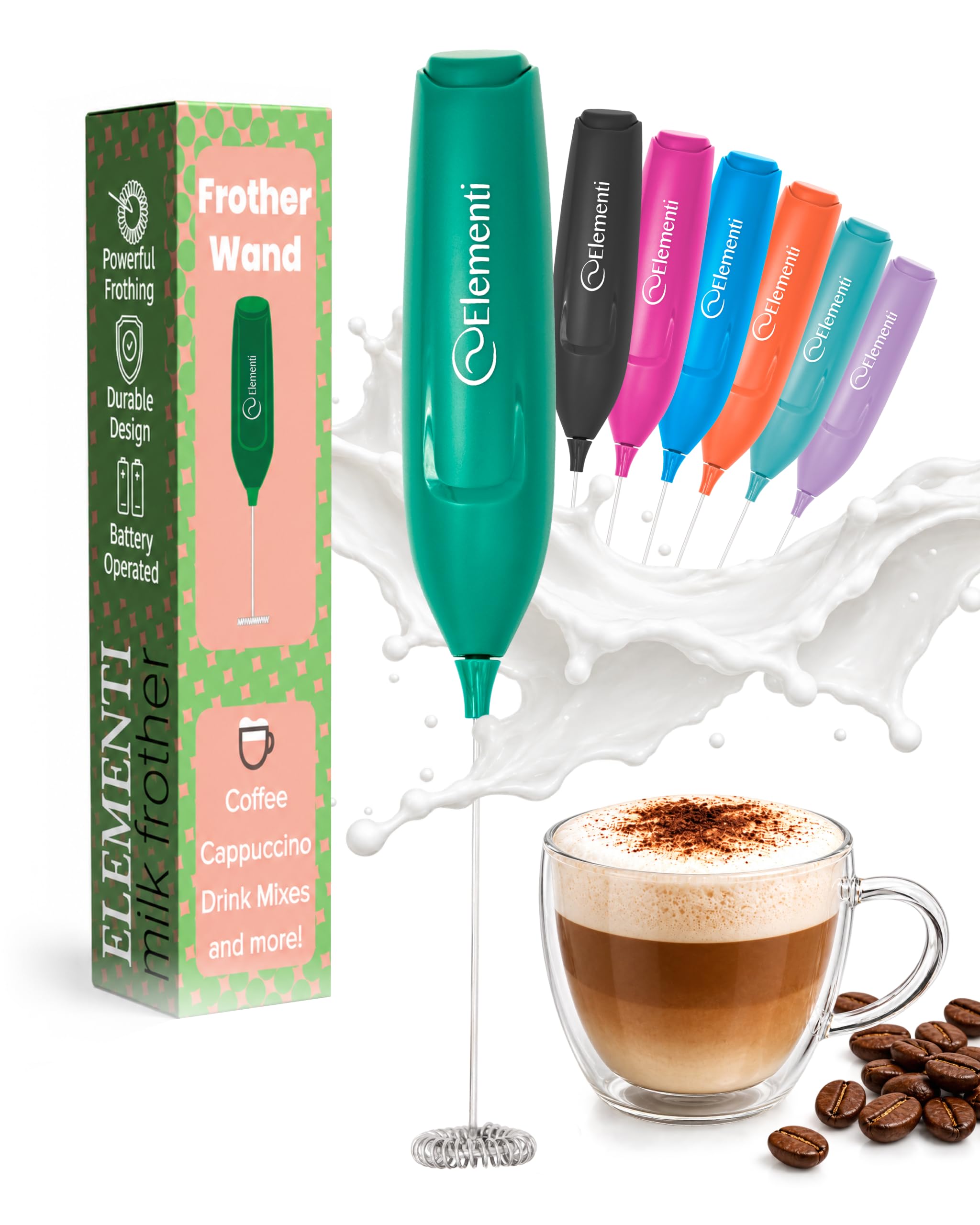 Elementi Powerful Matcha Whisk – Lightweight Matcha Frother Wand &amp; Drink Mixer Handheld, High Speed Mini Whisk for Tea &amp; More, Coffee Mixer Wand, Milk Frother Handheld (Emerald Green)