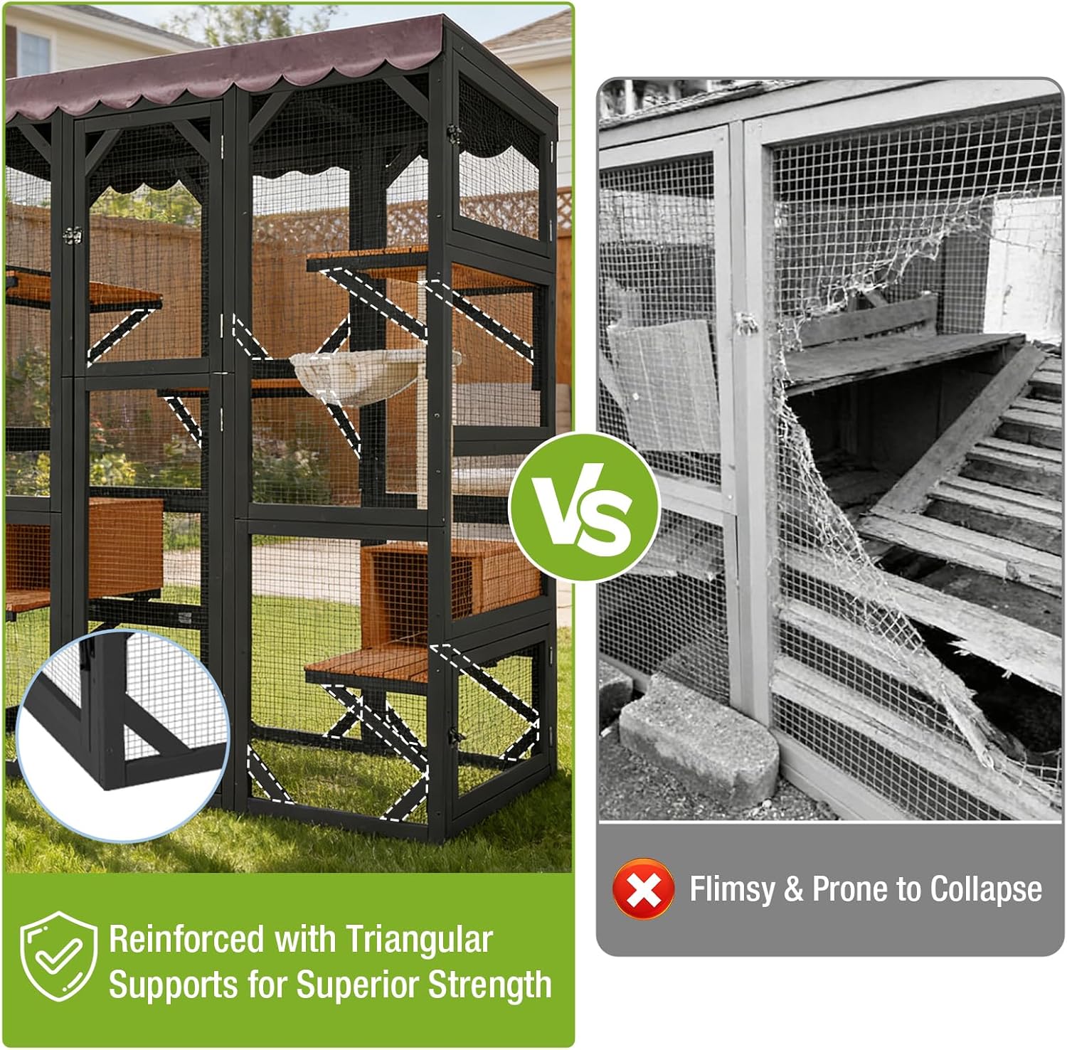 Large Outdoor Catio Cat Enclosure, Wooden Cat House with UV & Water Resistant Roof, Scratching Post & Hammock, Outside Cat Playpen for Multiple Cats, Brown