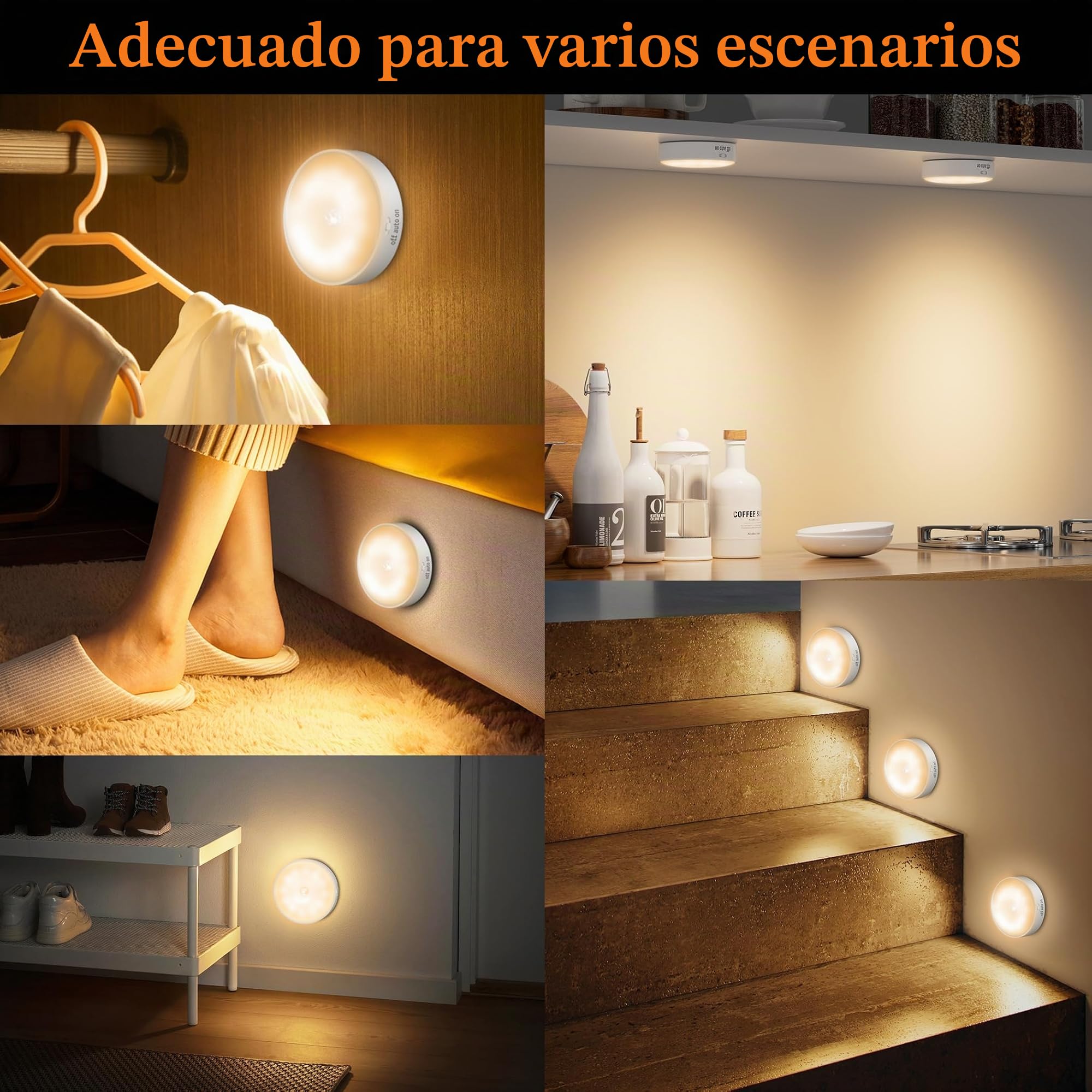 6 Pack Luz Led Nocturna con Sensor de Movimiento,12 LED, Lámpara LED Recargable USB, Luz Nocturna para pared, iluminación de armario, sensor de movimiento interior para escaleras, dormitorio, cocina.