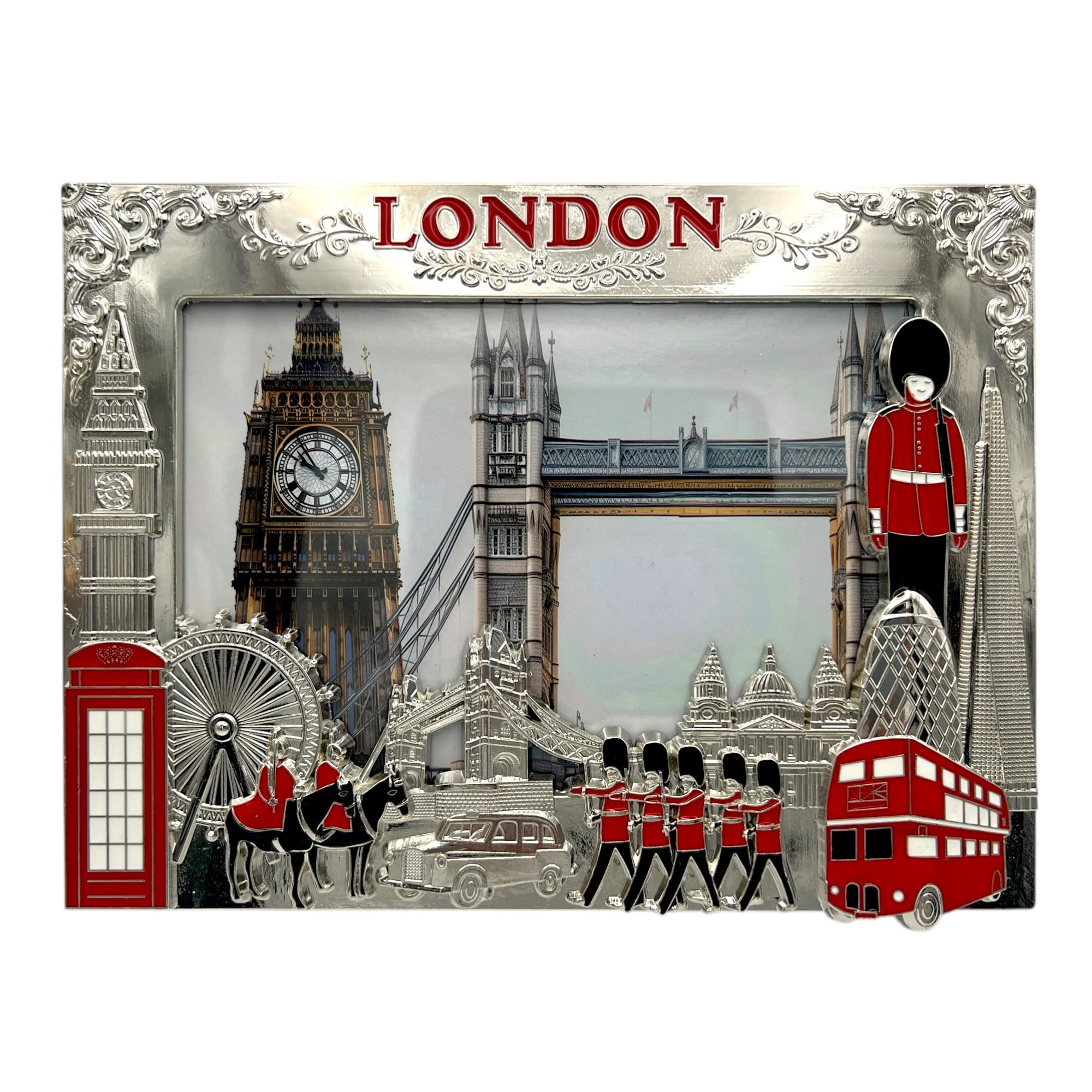 Photo Frame - London Landmarks Metal Picture Frame 20 x 16 cm - Union Jack Souvenir Tabletop Desktop Home Decor Gift (Silver)