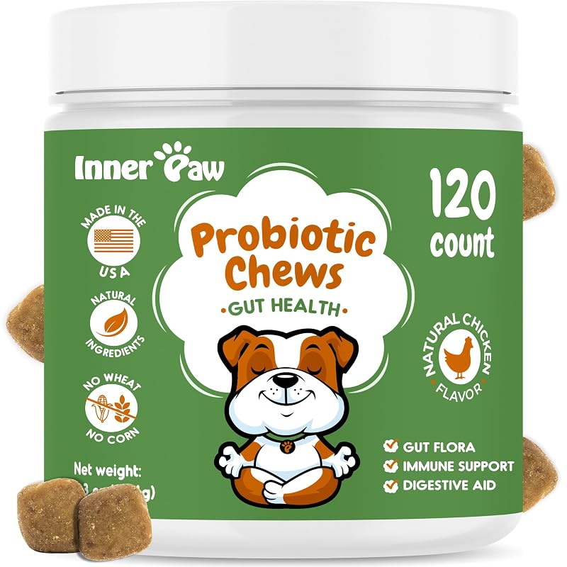 Probiótico para Cães com Enzimas Digestivas e Prebiótico INNER PAW, Sabor Frango, 120 Mastigáveis Macios