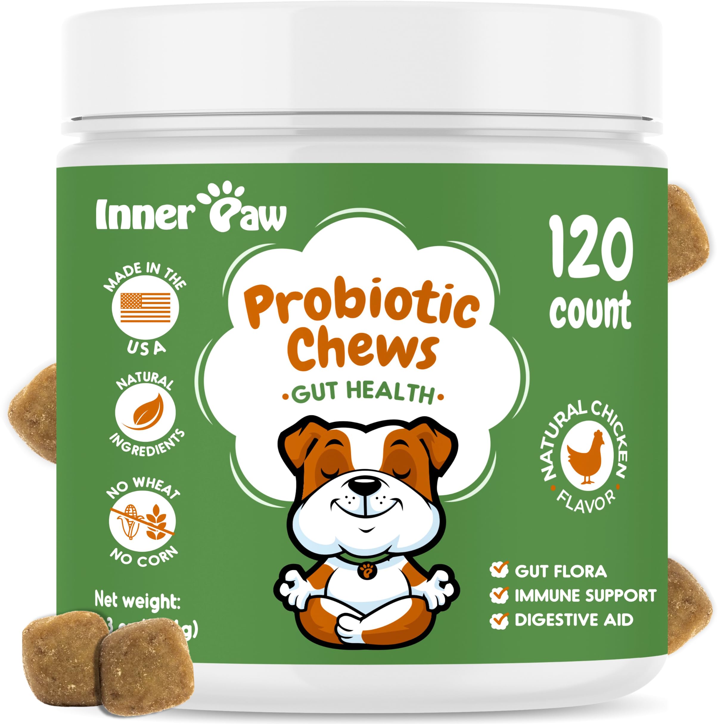 Probiotics for Dogs, Digestive Enzymes & Prebiotic Formula for Gut Health, Dog Probiotics for Diarrhea, Bowel & Immune Support, Chicken Flavor, 120 Soft Chews