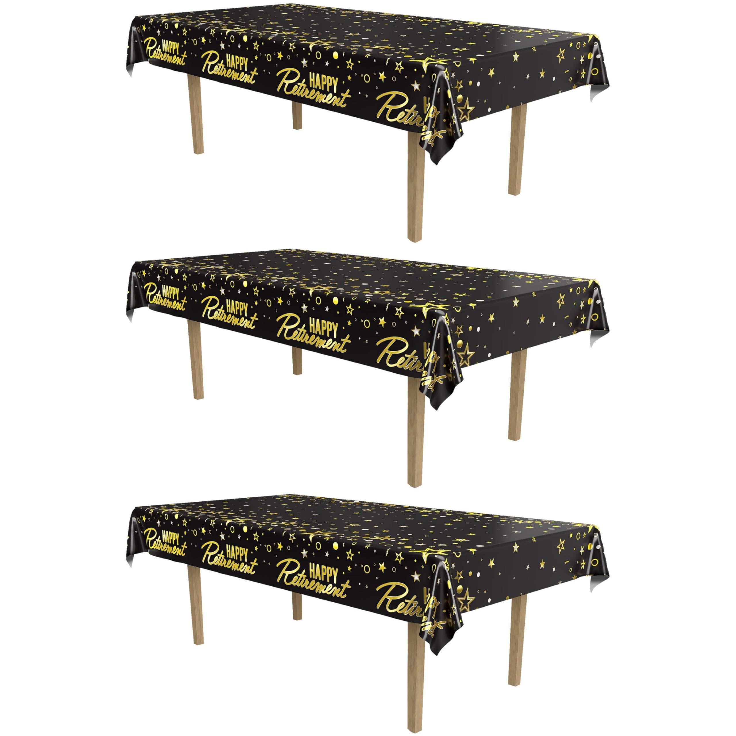 Beistle Happy Retirement Metallic Tablecovers – 3 Pack, Black & Gold Disposable Banquet Covers, Party Décor for Celebration Events, Plastic Tablecloths, Dining Table Setting Supplies, 54" x 108"