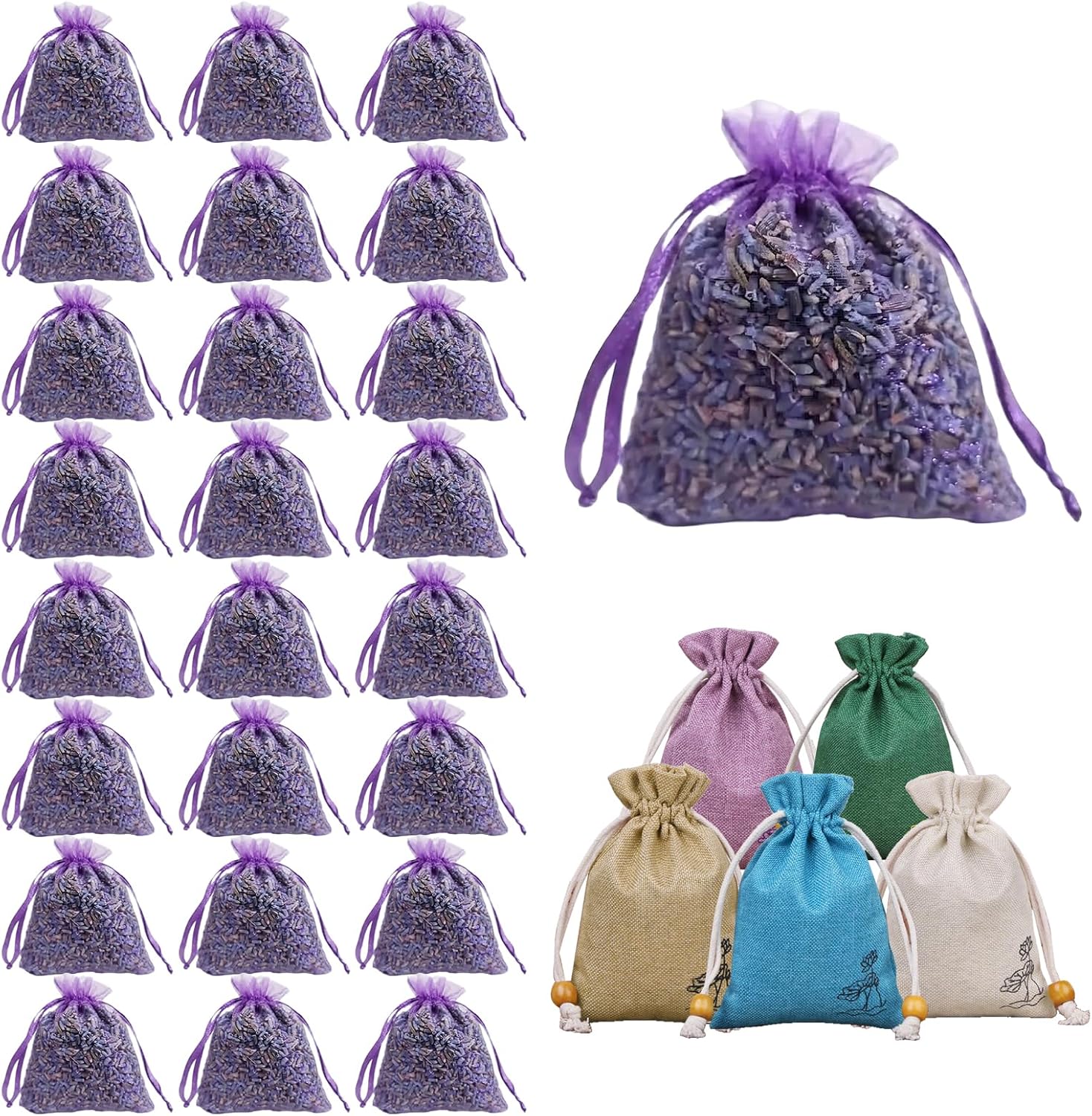 AZY Lavender-Scented Sachet Bags – 24 Pack with 5 Extra Linen Bags, Natural Fragrance Sachets for Drawers, Closets, Cars & Home Decoration