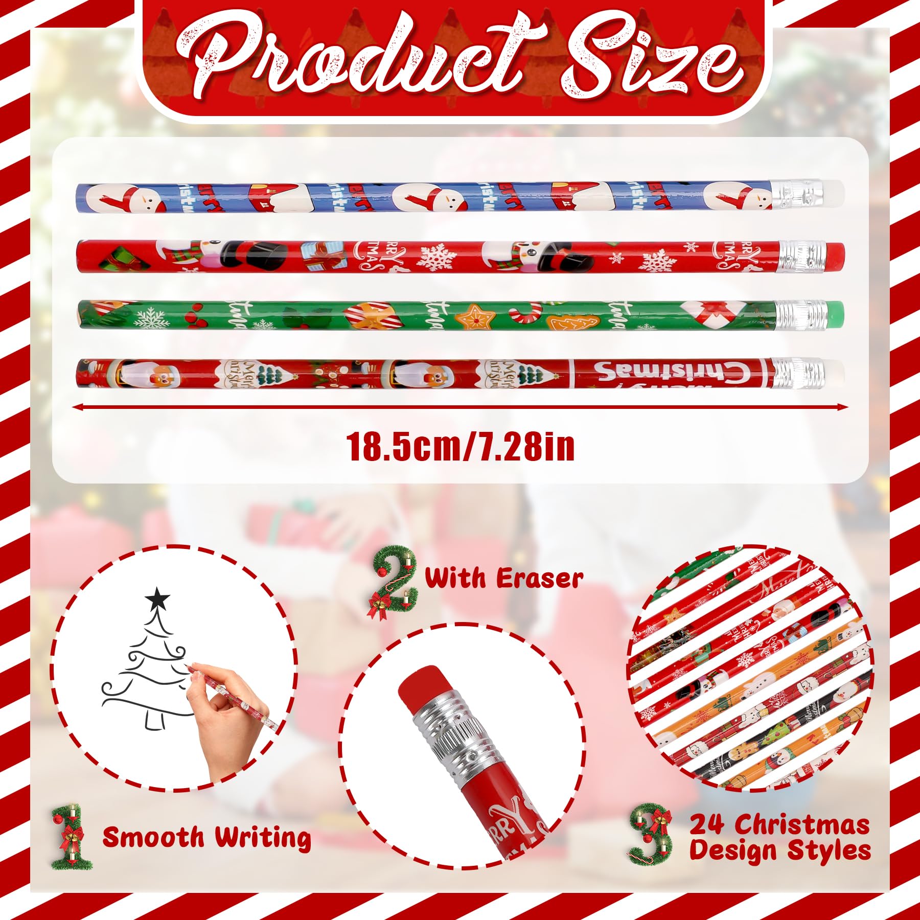 MestectPET 72PCS Christmas Pencils, Xmas Pencils with Erasers in 24 Design, Gifts for Children Classroom Prizes - Image 2
