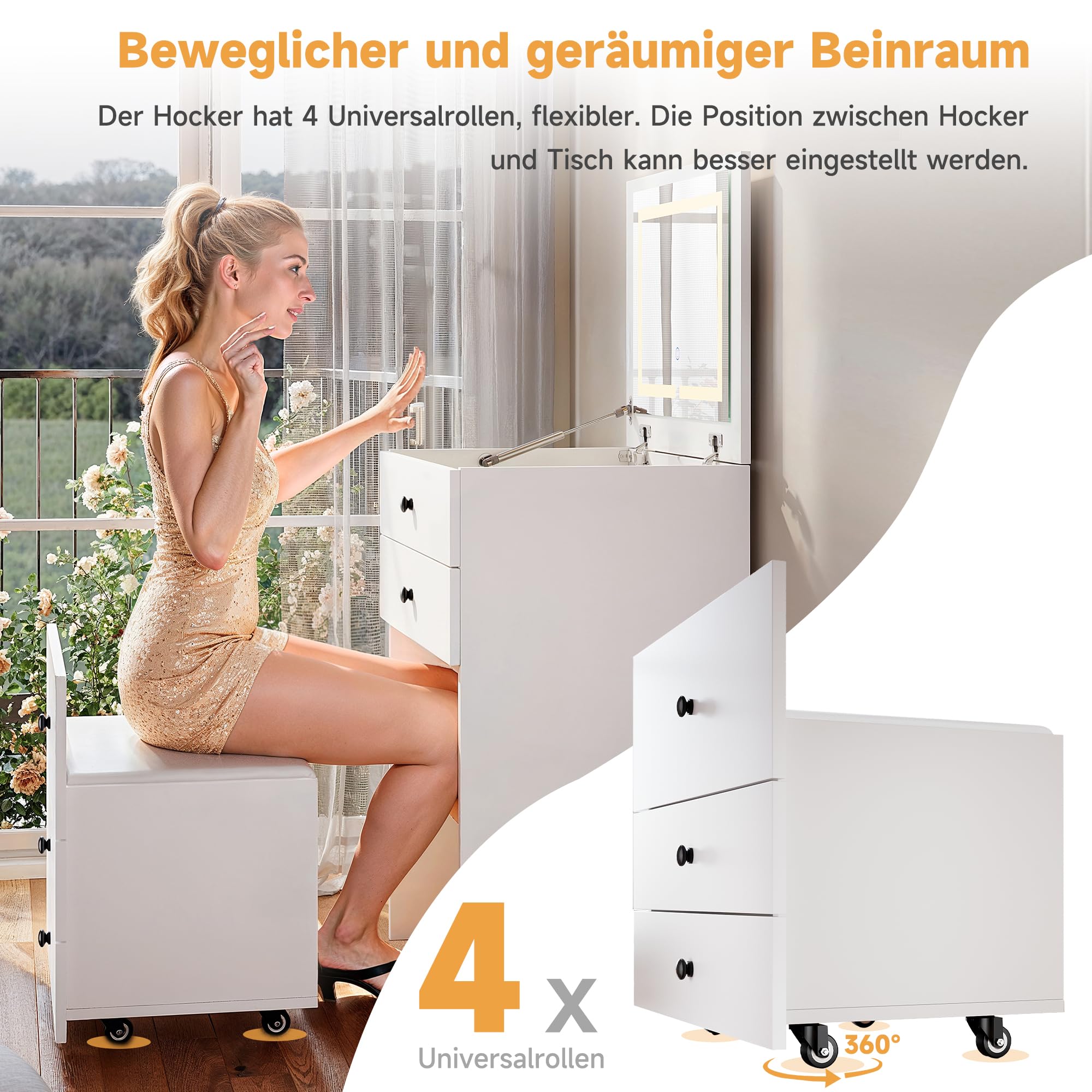 SONNI Schminktisch 3 in 1 mit Klappspiegel 4 Schubladen LED Weiß 60x45x83cm | Frisiertisch mit Sichtbarer Glasplatte, Hocker mit 4 Universalrollen, Kosmetiktisch für Schlafzimmer, Wohnung, Loft, Wohnheim