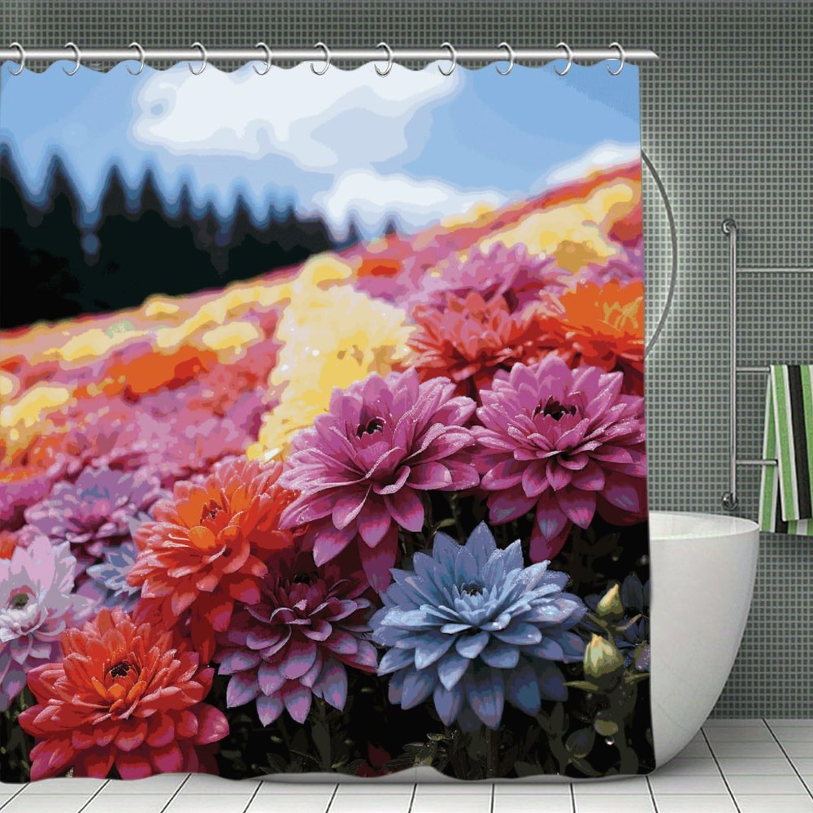 FekiLoot Rainbow Flower Sea Shower Curtain Minimalist Thick Bathroom Curtain Washable Modern Bathroom Shower Curtain Heavy Duty Waterproof Cloth Bath Curtain with Hooks 70.8"x70.8"