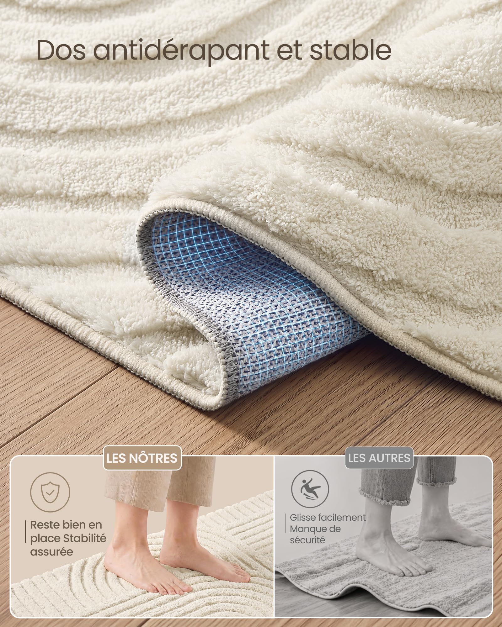 SONGMICS Tapis de Salon Géométrique à Relief 3D, Polyester et Caoutchouc TPR, Lavable en Machine, Dos Antidérapant, 290 x 200 x 1 cm, Blanc Crème, pour Chambre, Entrée, Collection Hila TAR135WZ02