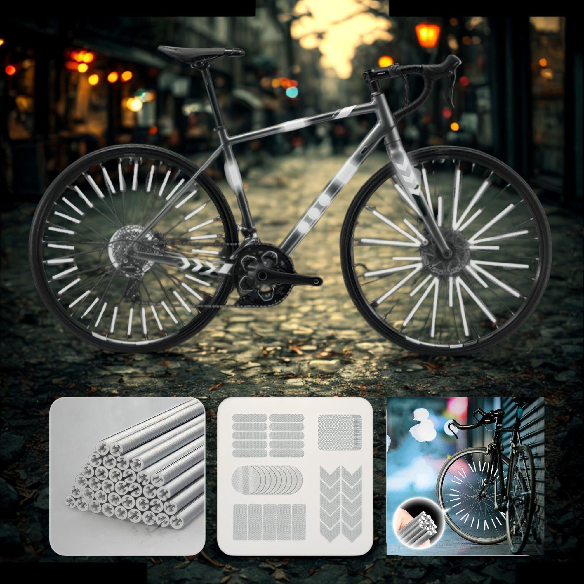LuminKing Bike Reflectors & Reflector Badges - Silver Coloured - 60 Pieces Reflective Sticks Attached to Bike Spokes & 50 Reflective Stickers on Helmet and Frame - Softer Material, 160m Visibility