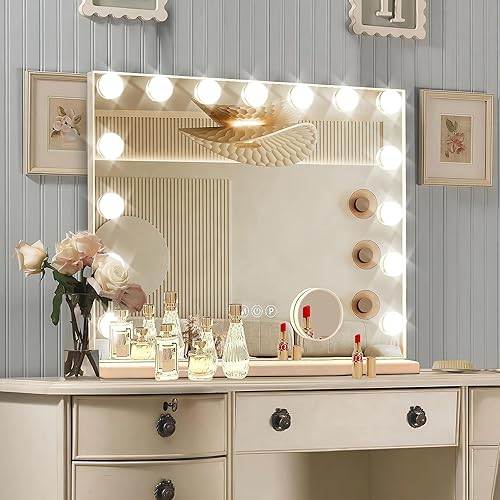 Moonee Espejo de tocador Hollywood con luces, 15 bombillas reemplazables, 3 luces de color, espejo iluminado de maquillaje, marco de metal de