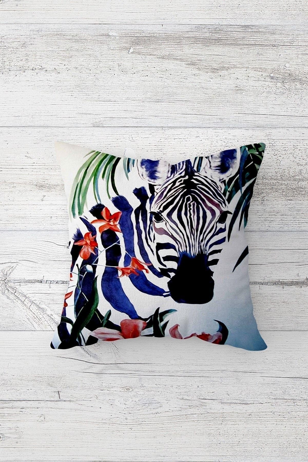 Pelangi Zebra Ve Kelebek Desenli Gizli Fermuarlı Kırlent Kılıfı Koltuk Yastık Kılıfı Takım(4adet), Siyah-Mavi 45 x 45