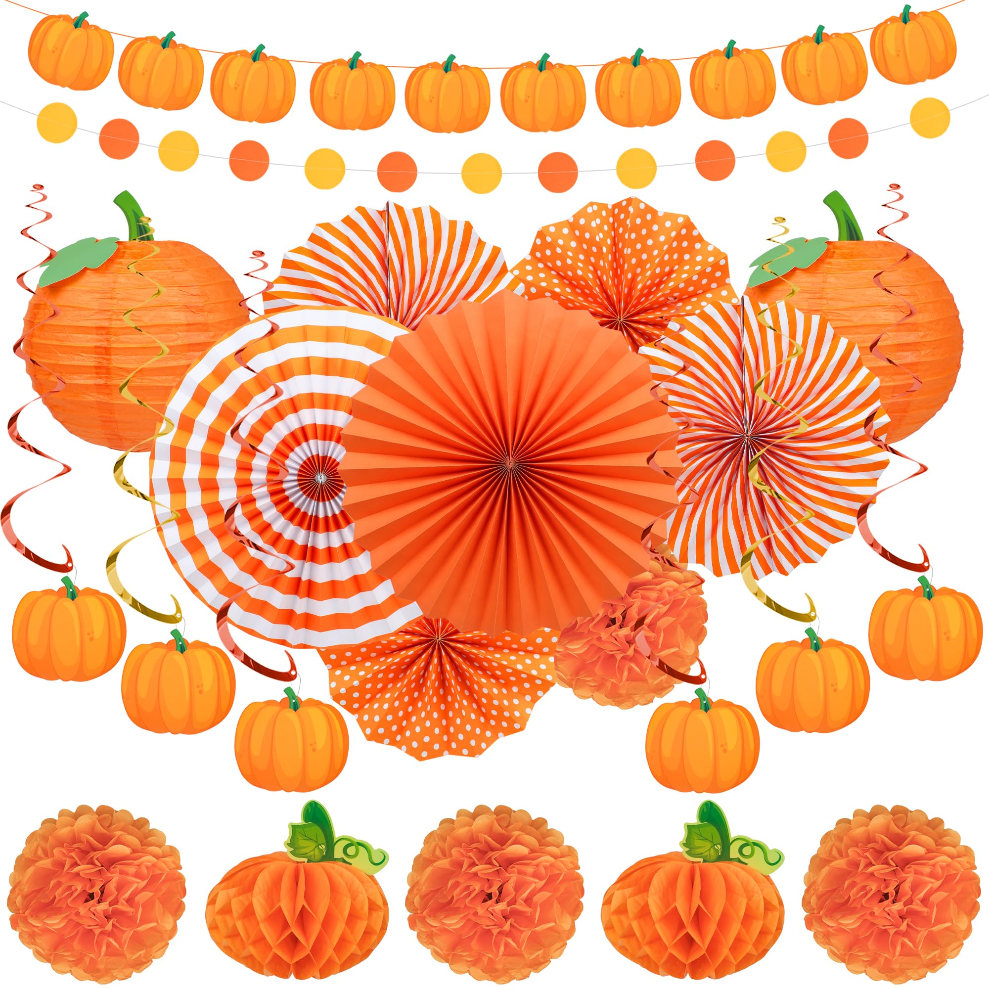 22Pcs Fall Pumpkin Party Decoration Orange Paper Fans Hanging Pompom Flowers Autumn Color Paper Lanterns Hanging Swirls Honeycomb Decoration Set for Wedding Birthday Baby Shower Party Supplies