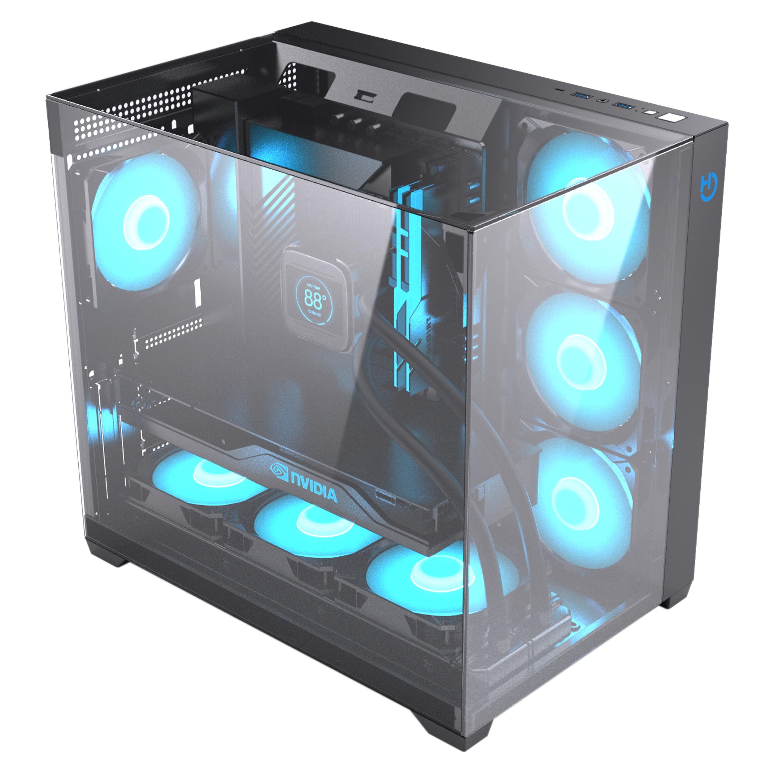 Hiditec Sky Torre PC ATX | Triple Cristal Templado | GPU 400mm | Visión Panorámica 3D | CPU 175mm | Doble Cámara | Radiador 360mm | 7 Ventiladores | USB Type-C