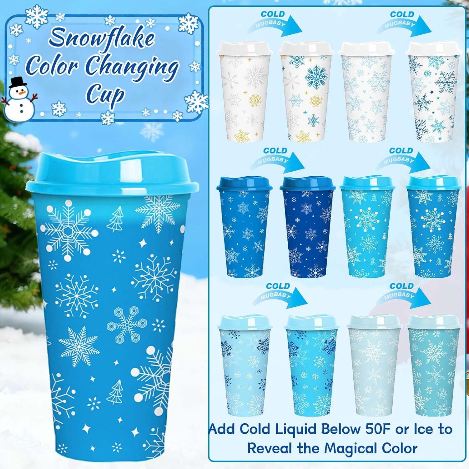 Jansun 12pcs Christmas Winter Snowflake Color Changing Cups with Lids, 16Oz Reusable Plastic Coffee Cups for Holiday Birthday Party Favors Supplies - Image 2