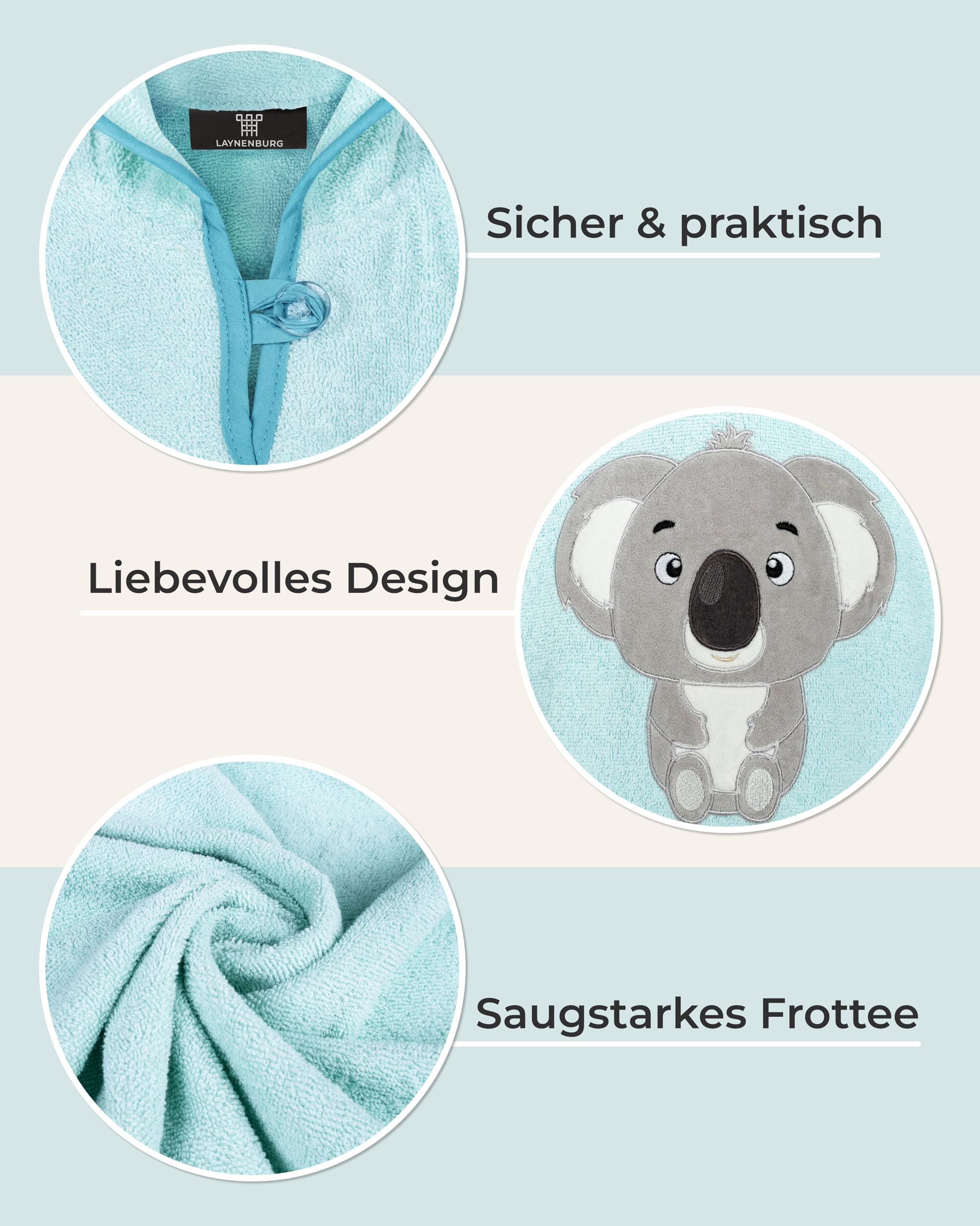 LAYNENBURG Ponczo kąpielowe premium dla dzieci z kapturem – 100% bawełna – Öko-Tex – dla chłopców i dziewczynek, ponczo frotte, Jasnoniebieski - Koala, 3-5 lat