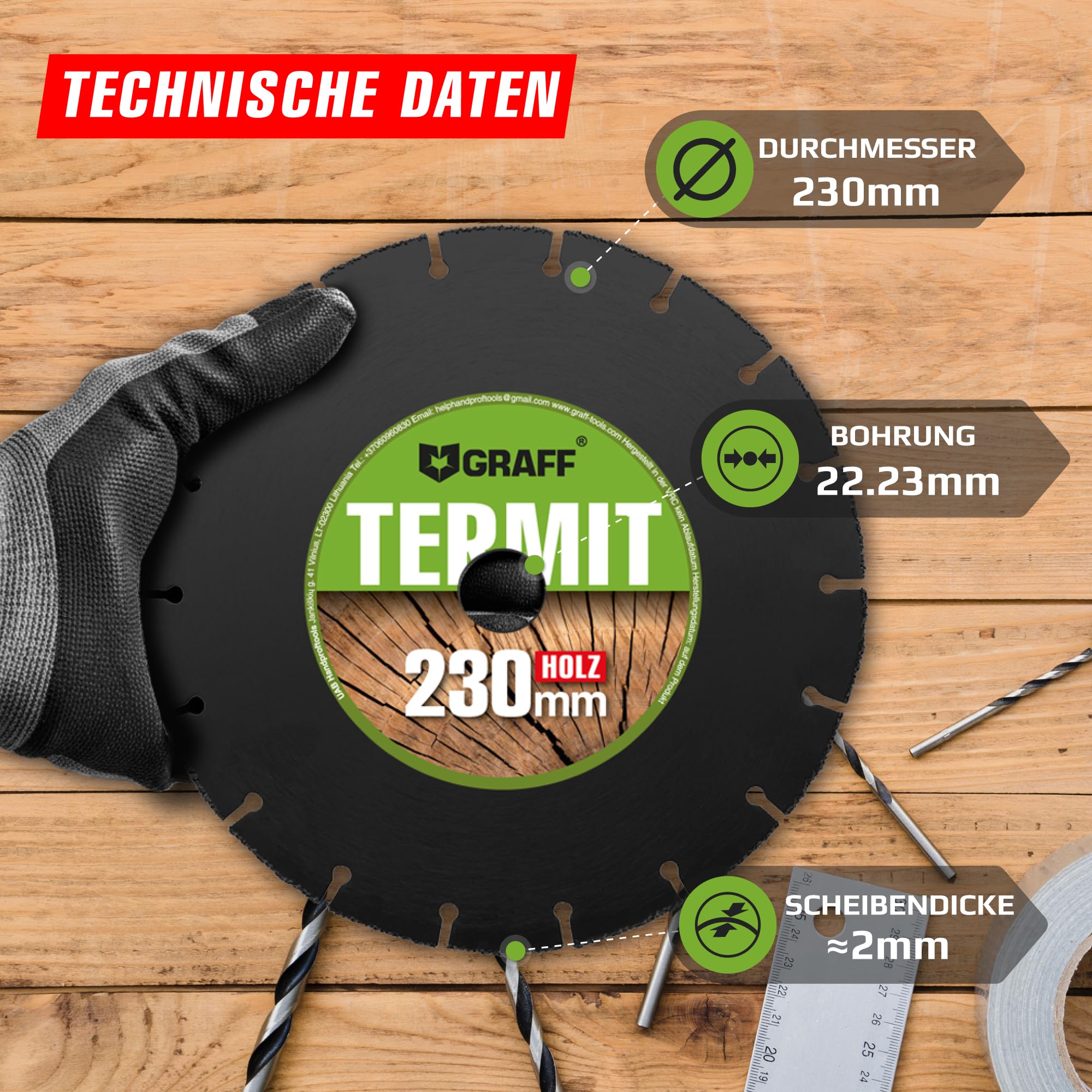 GRAFF Termit Disco de Corte para Madera 230 mm - Disco Amoladora 230 para Cortar Madera, Laminado, Plástico - Carburo de Tungsteno Disco de Corte para Amoladora Angular