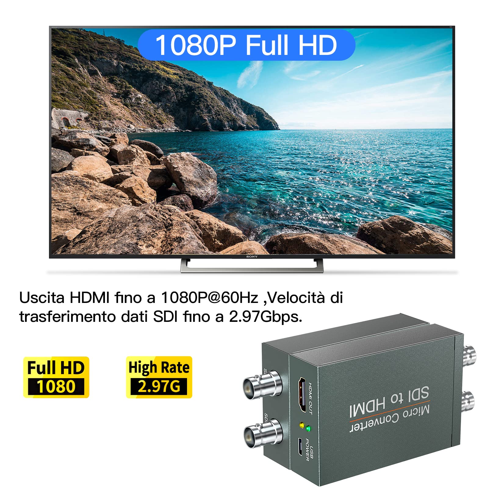 Convertitore da SDI a HDMI con ciclo SDI, 1080p HD-SDI / 3G-SDI/SD-SDI al convertitore HDMI Audio, BNC all’adattatore HDMI per il proiettore di Monitor SDI