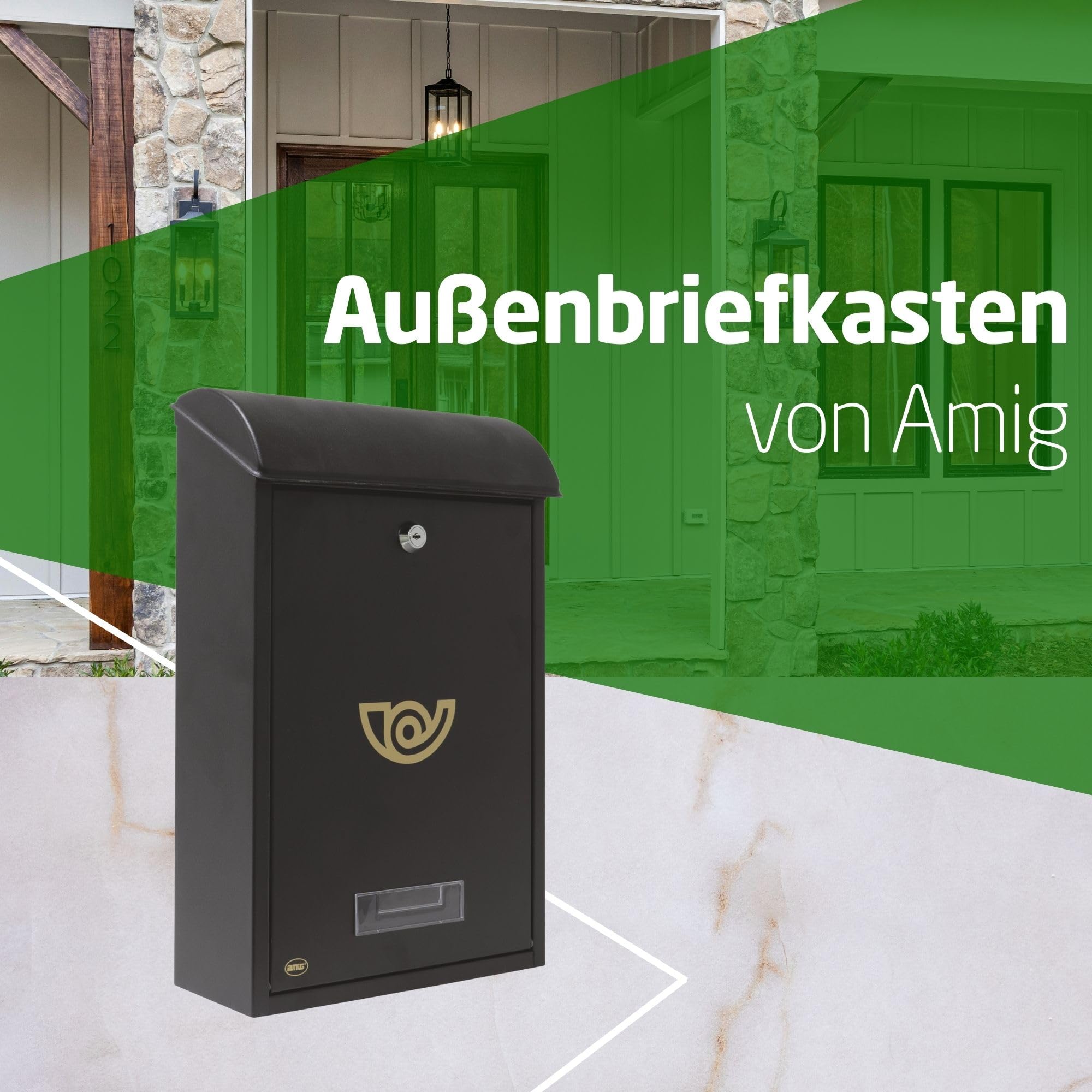 Amig - Stahl Außenbriefkasten - Wetterfest, DIN-A4, inkl. Montagematerial - Elegantes Design, Sichtfenster, Sicherheitsschloss - Schwarz, 40x25x10 cm, Legierter Stahl