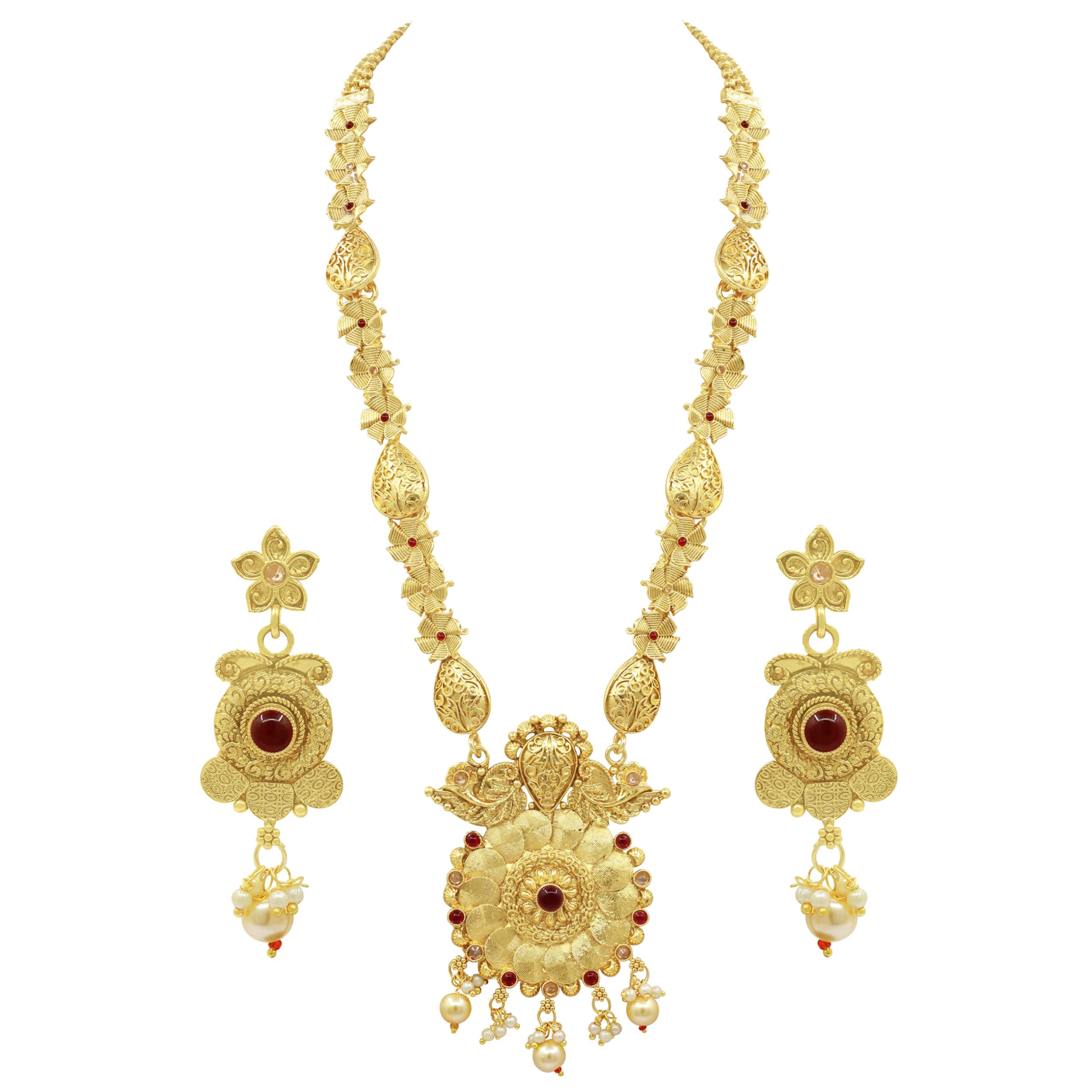 SAIYONISouth Indian Collection Brass Antique Kempu Stone & Pearl Studded Long Necklace Jewellery Set | Artificial Stone Jewellery Set For Women - Red, Free, Brass, Artificial Stone
