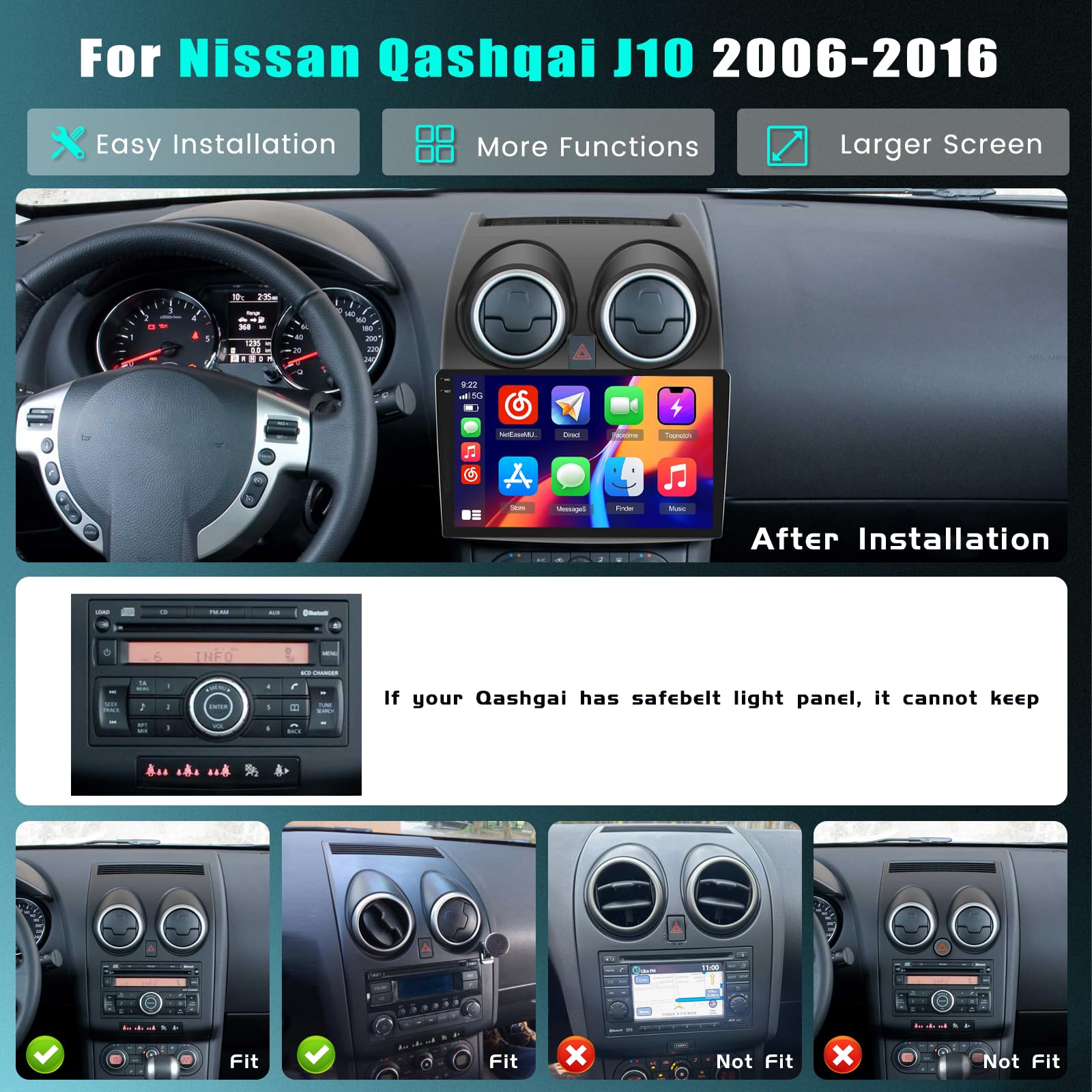 Hikity Android15 Radio Coche para Nissan Qashqai J10 2006-2016 Carplay Android Auto Wireless,2+64GB Autoradio 9 Pulgadas Pantalla Bluetooth con Cámara Trasera GPS WiFi EQ FM RDS Radio