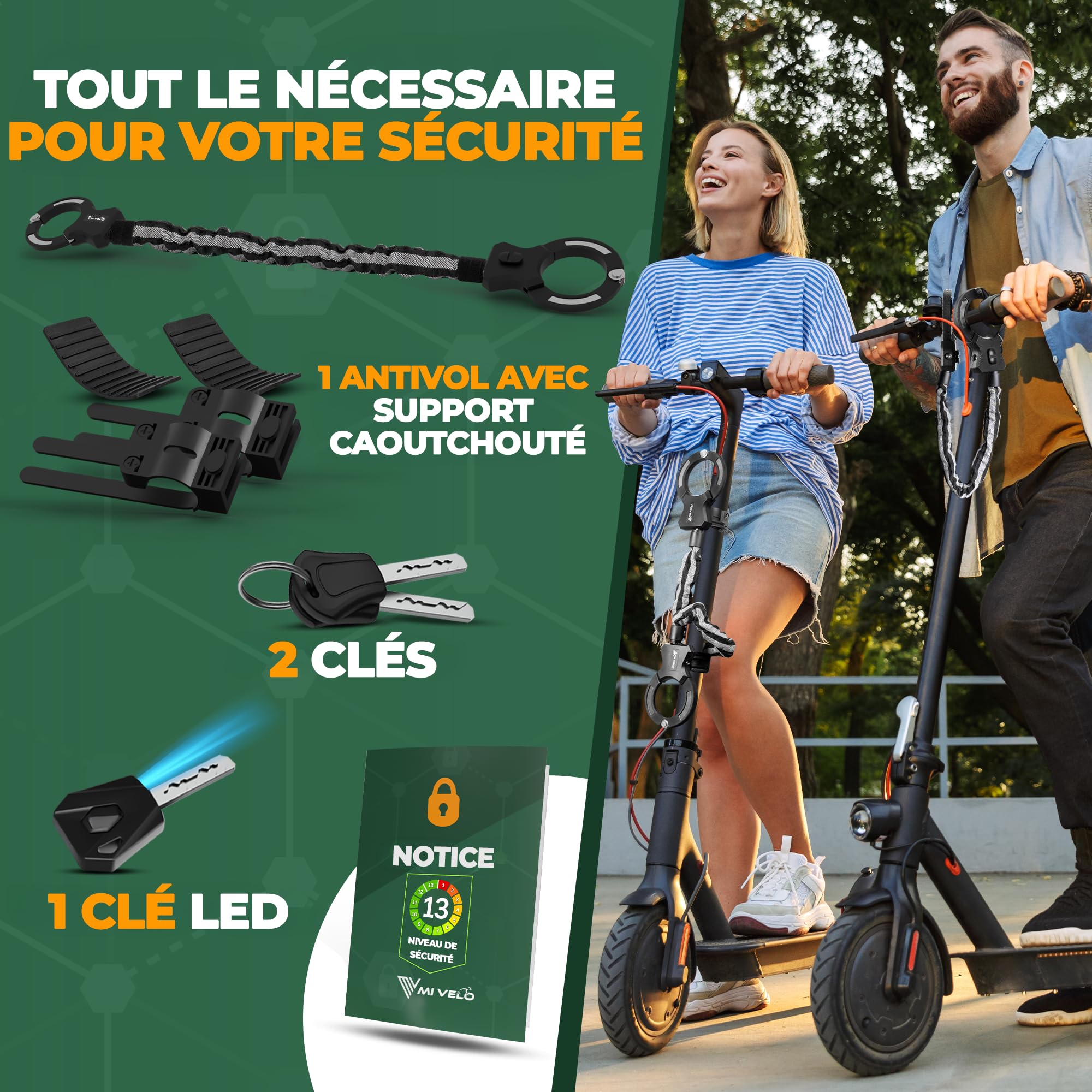 MIVELO Antivol de scooter électrique extra sûr - Cadenas à chaîne I Menottes pour scooter électrique I Haute sécurité - Avec support I Serrure E-Roller