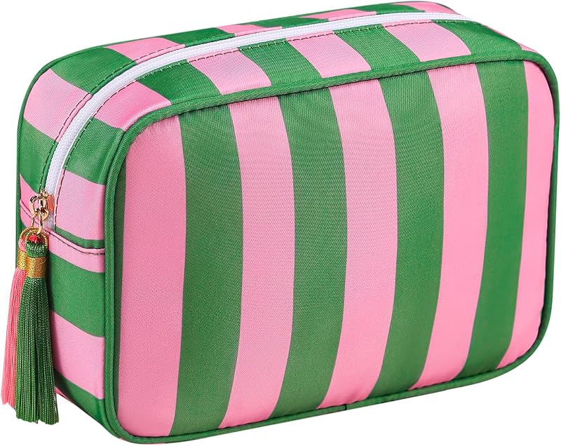 Necessaire de maquiagem listrada RSRSLEII com zíper, verde e rosa